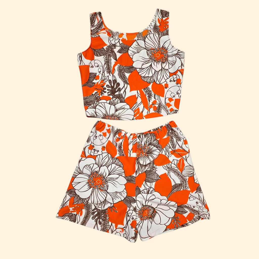 1960s Floral Polyester Shorts and Tank Set ~ Small