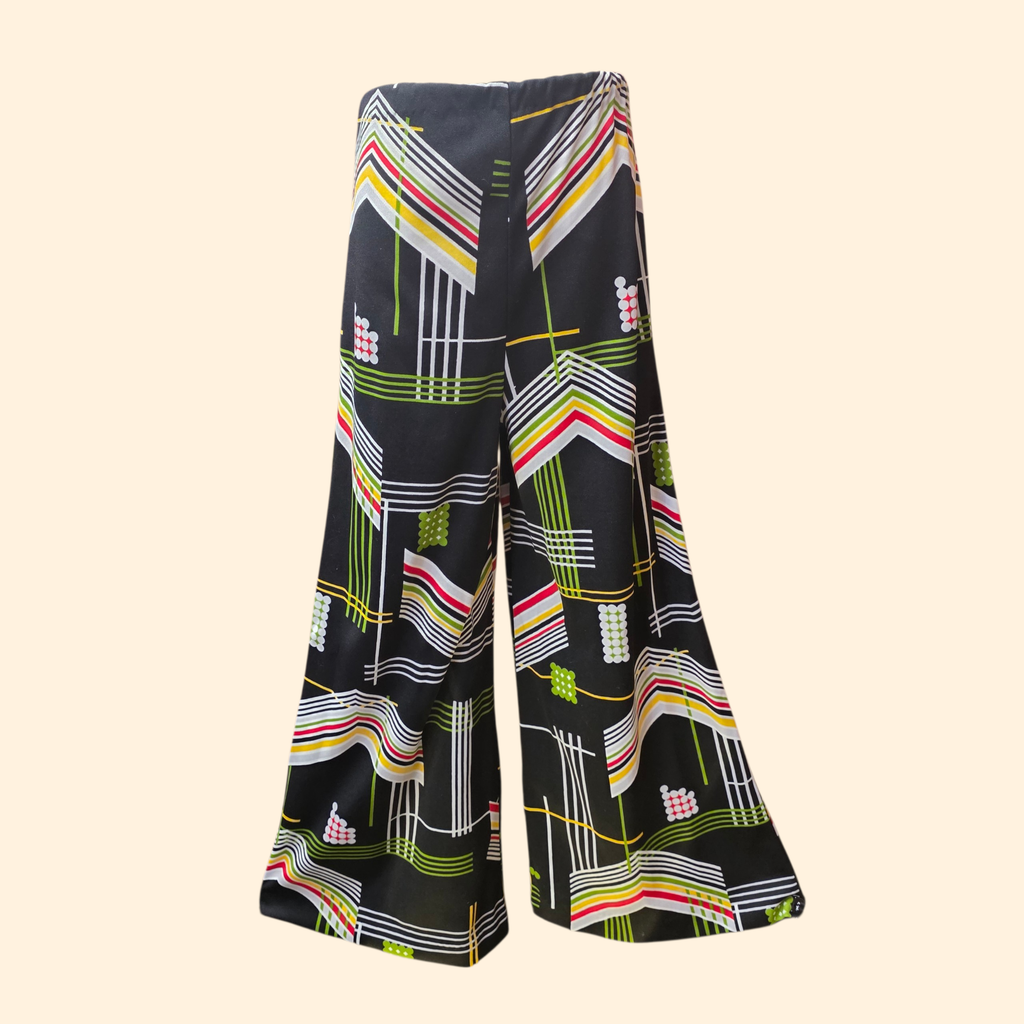 1960s 3 Piece Chevron Abstract Polyester Pantsuit ~ Medium ~ Set Black Dagger Collar
