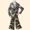 1960s 3 Piece Chevron Abstract Polyester Pantsuit ~ Medium ~ Set Black Dagger Collar