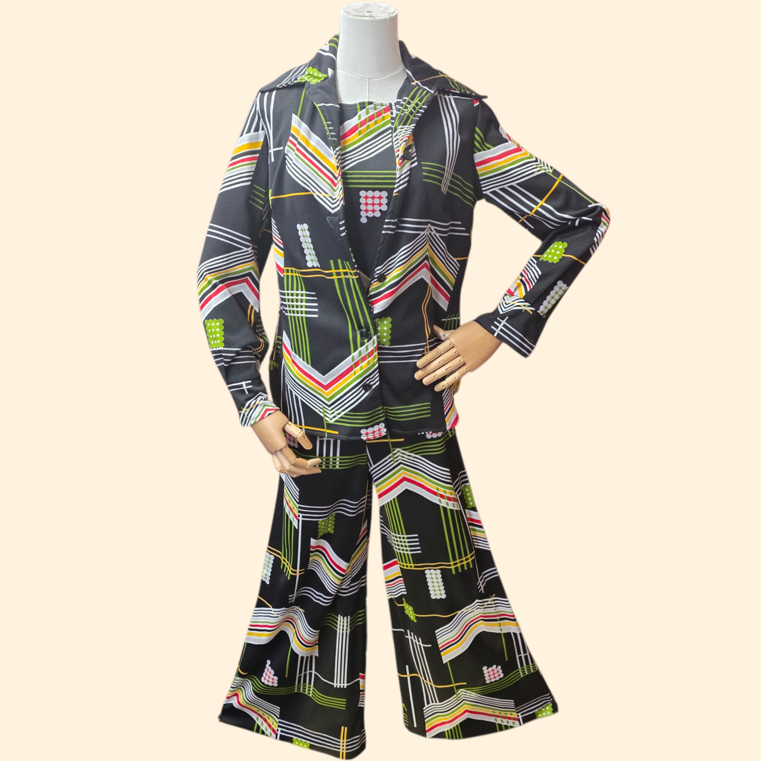 1960s 3 Piece Chevron Abstract Polyester Pantsuit ~ Medium ~ Set Black Dagger Collar