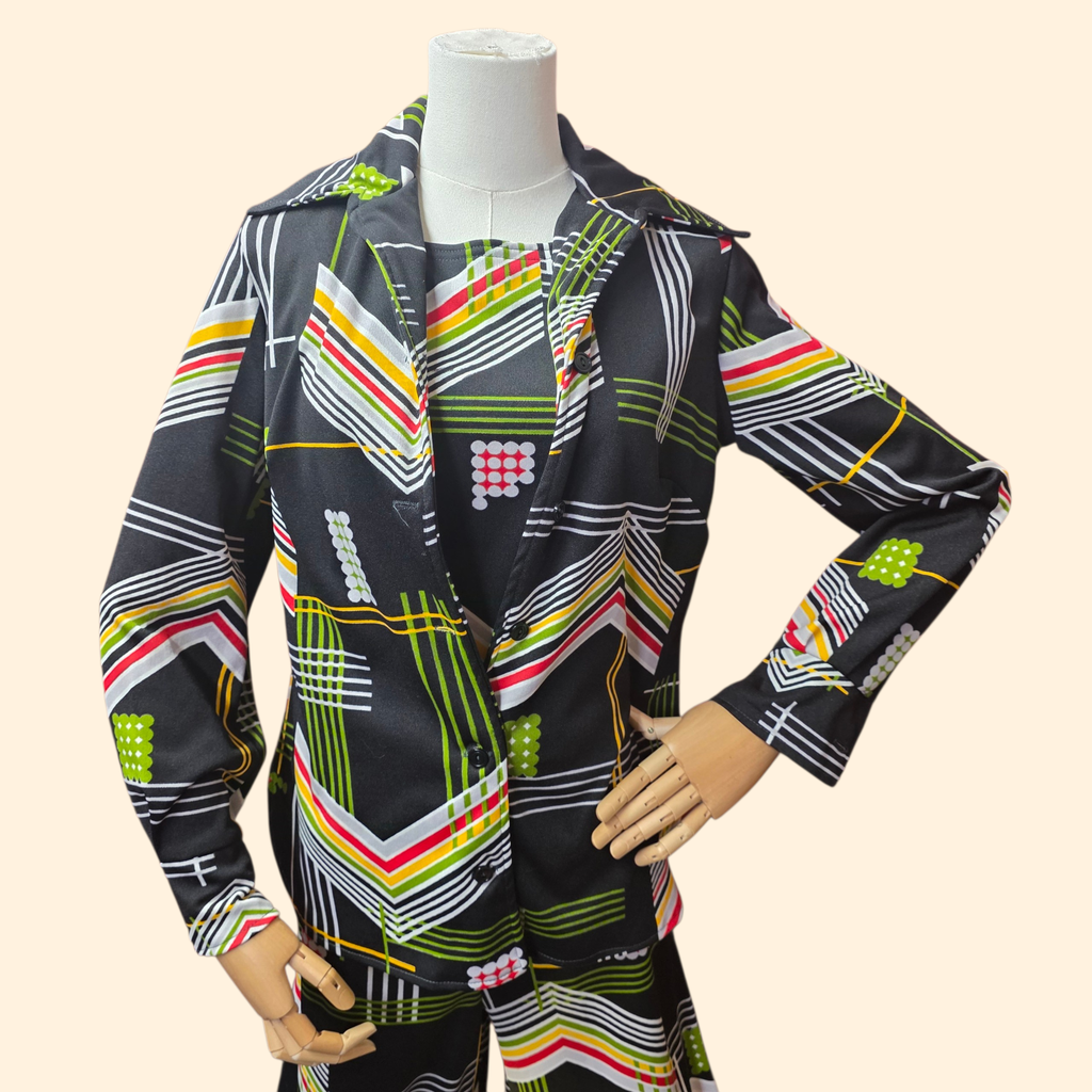 1960s 3 Piece Chevron Abstract Polyester Pantsuit ~ Medium ~ Set Black Dagger Collar