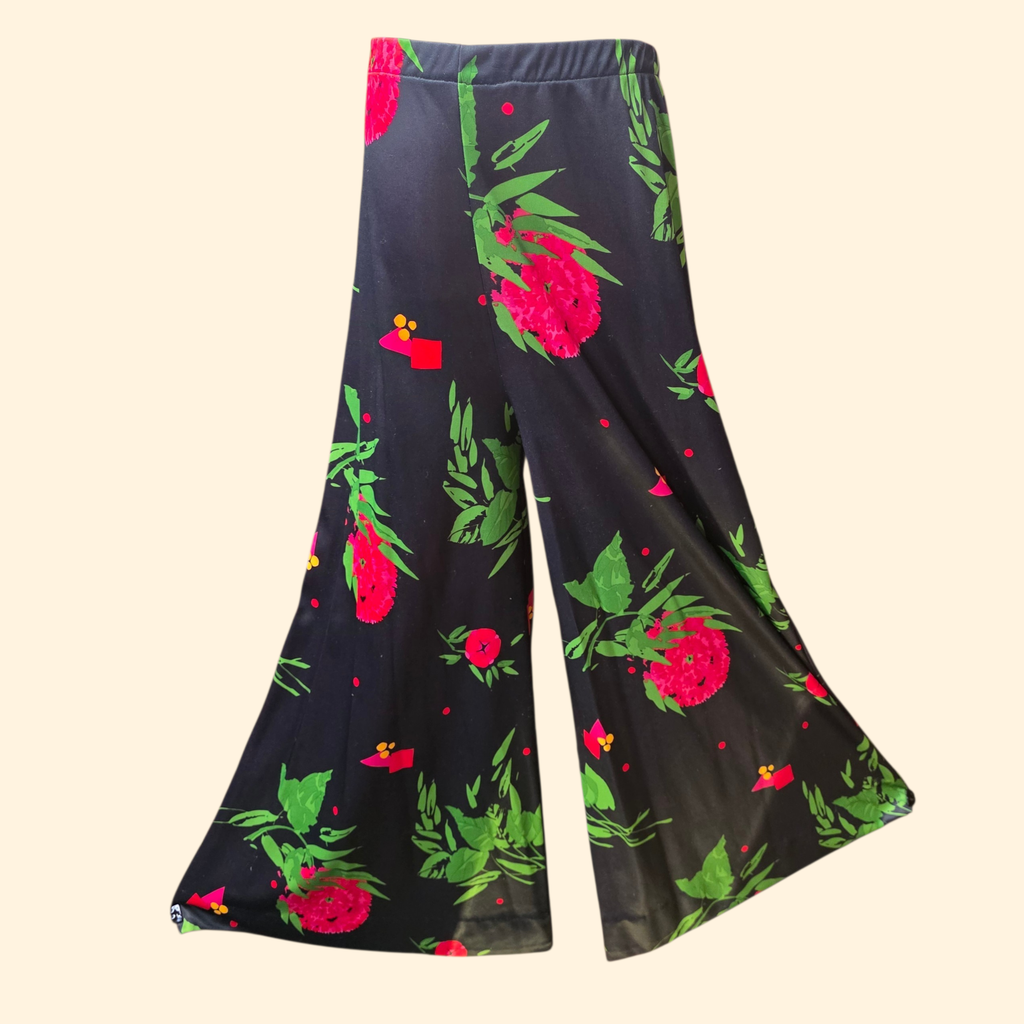 1960s Floral Polyester Palazzo Pants Tunic Set ~ Medium ~ Black Pink Red Green Mock Neck High Rise