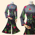 1960s Floral Polyester Palazzo Pants Tunic Set ~ Medium ~ Black Pink Red Green Mock Neck High Rise