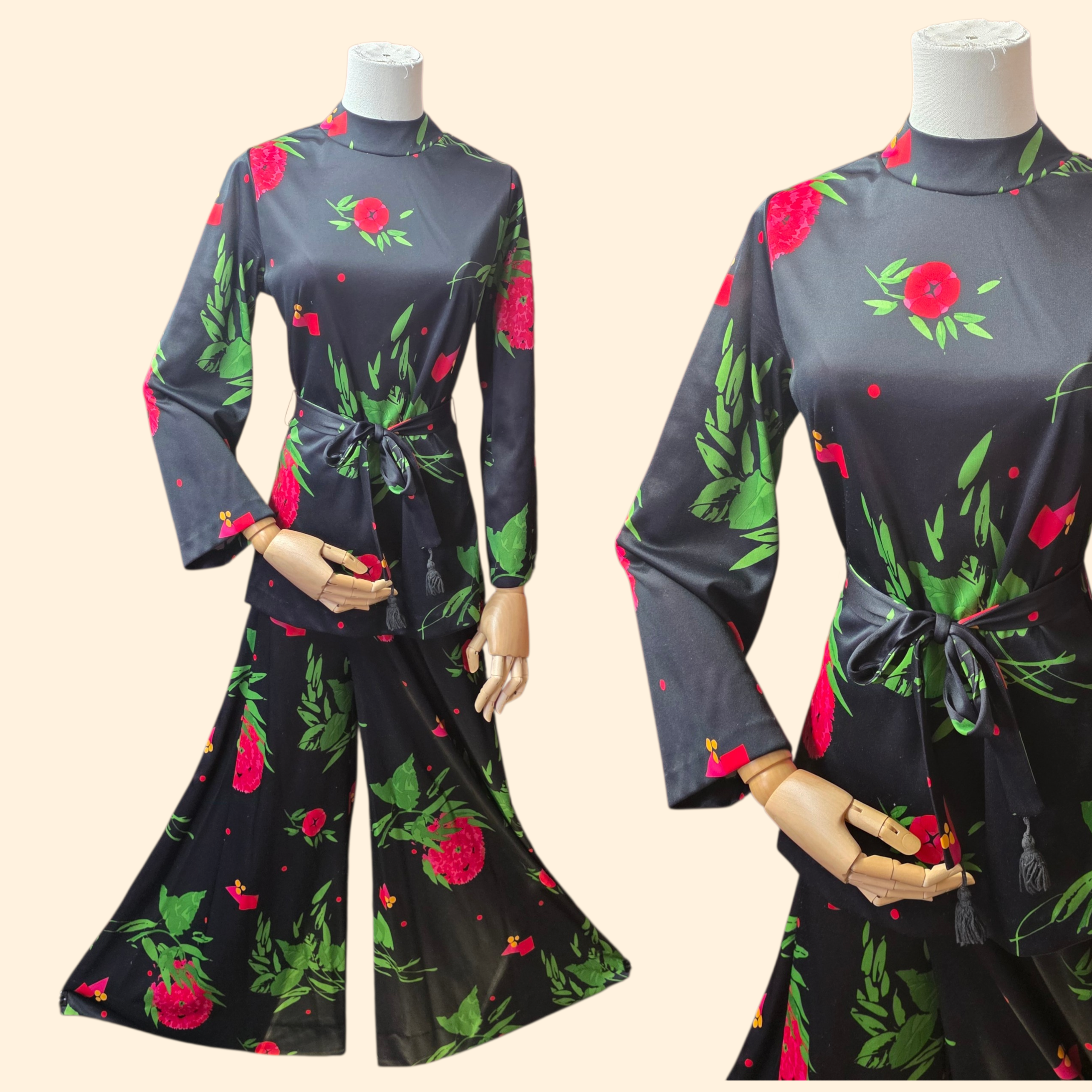 1960s Floral Polyester Palazzo Pants Tunic Set ~ Medium ~ Black Pink Red Green Mock Neck High Rise