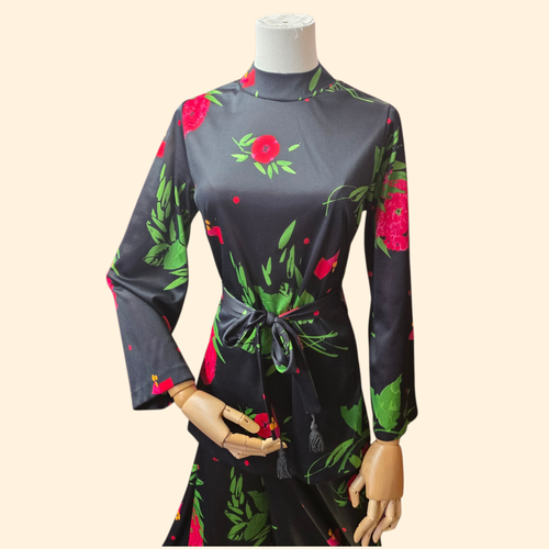 1960s Floral Polyester Palazzo Pants Tunic Set ~ Medium ~ Black Pink Red Green Mock Neck High Rise