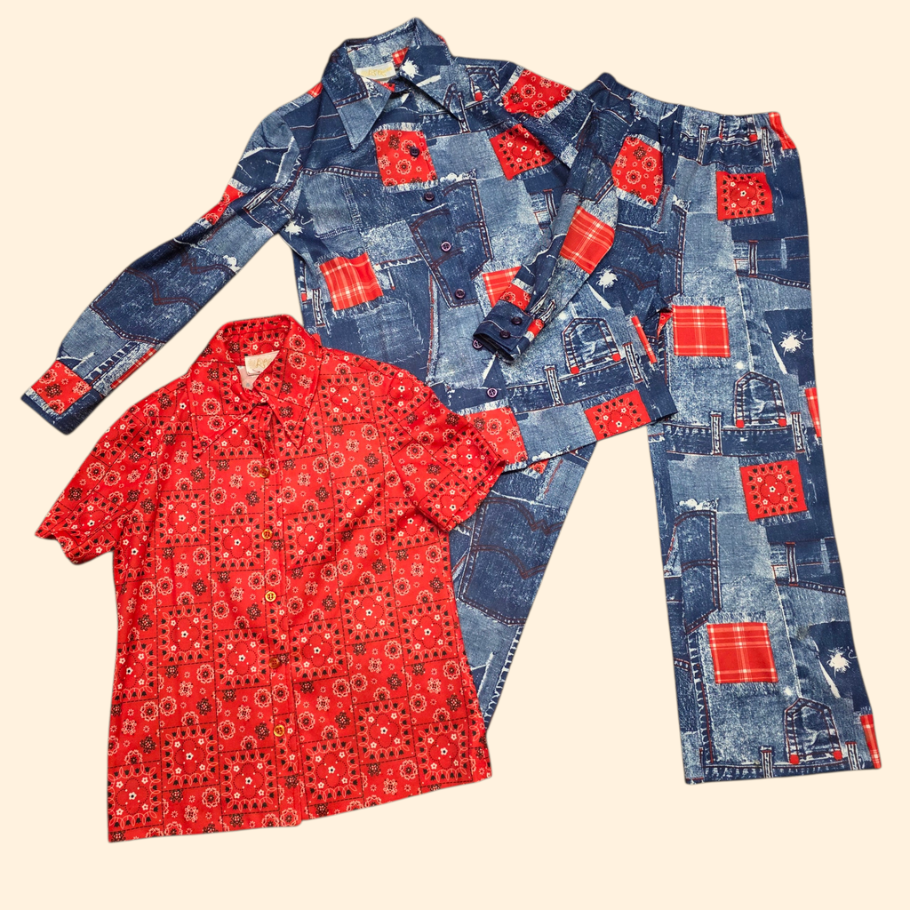 1970s 3 Piece Denim and Bandana Patchwork Print Polyester Pantsuit ~ Medium ~ Red White Blue Flare Pants Set