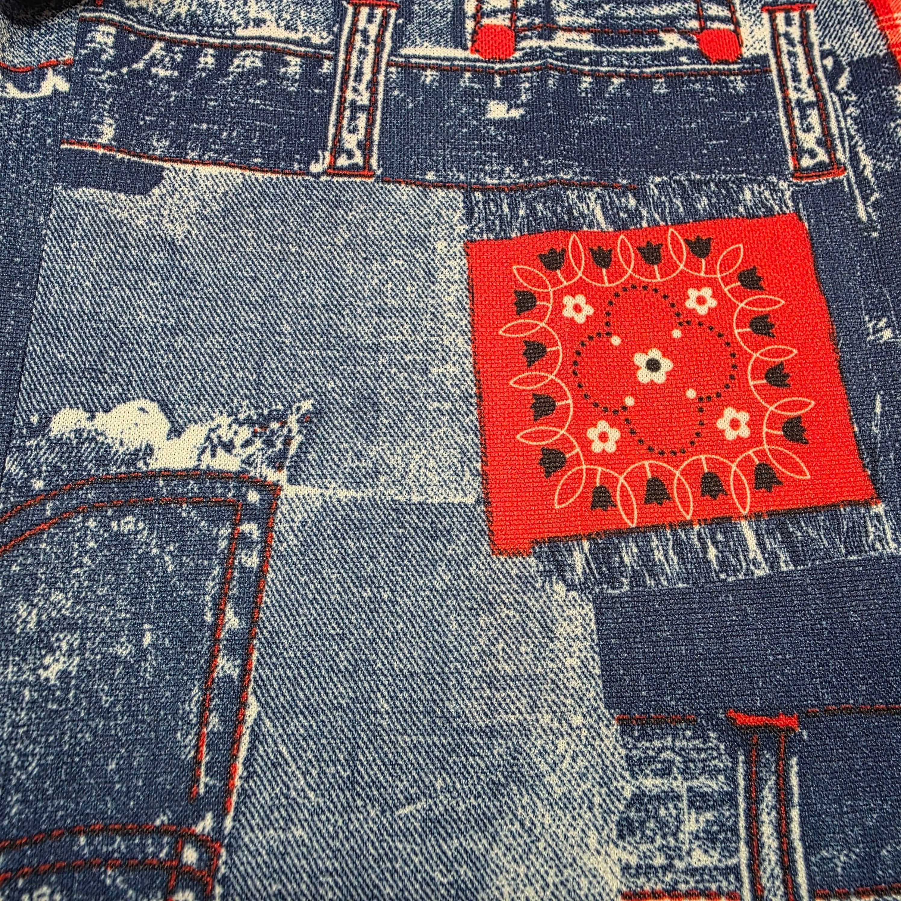 1970s 3 Piece Denim and Bandana Patchwork Print Polyester Pantsuit ~ Medium ~ Red White Blue Flare Pants Set