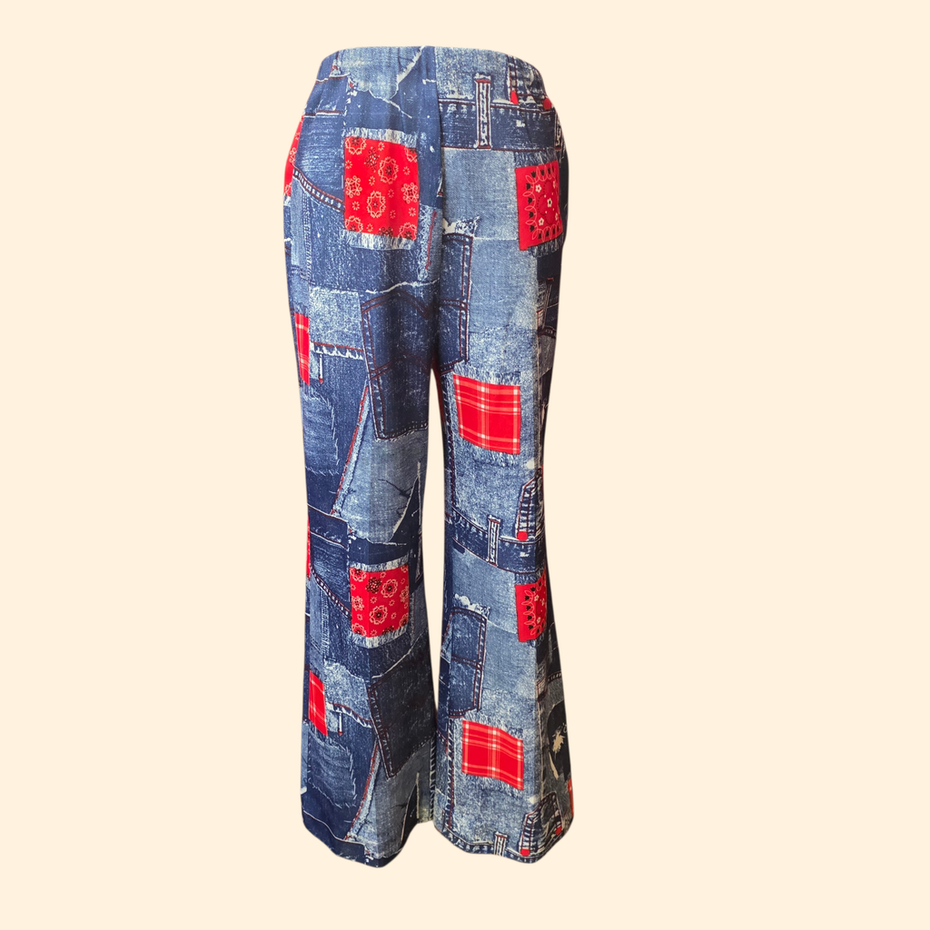1970s 3 Piece Denim and Bandana Patchwork Print Polyester Pantsuit ~ Medium ~ Red White Blue Flare Pants Set