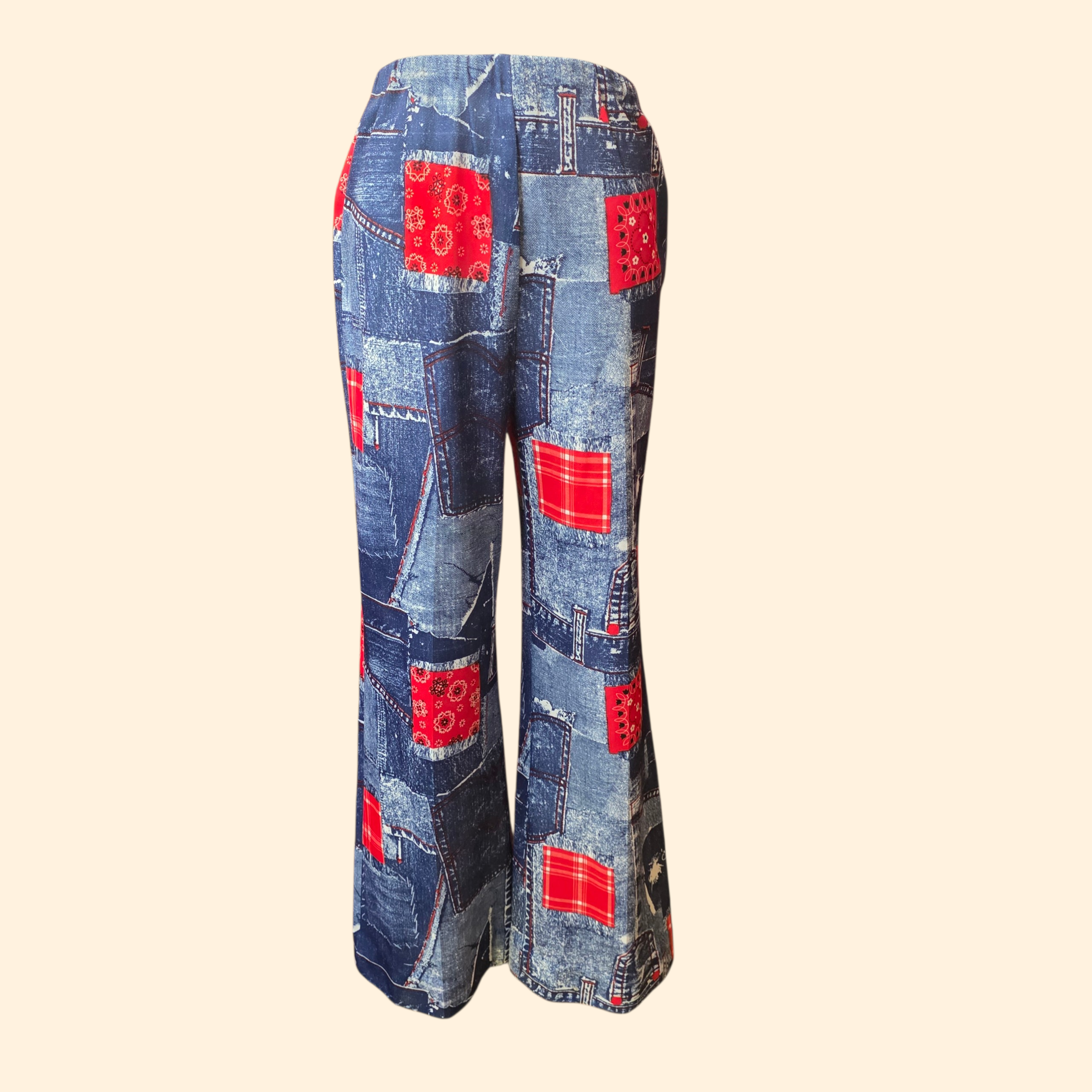 1970s 3 Piece Denim and Bandana Patchwork Print Polyester Pantsuit ~ Medium ~ Red White Blue Flare Pants Set