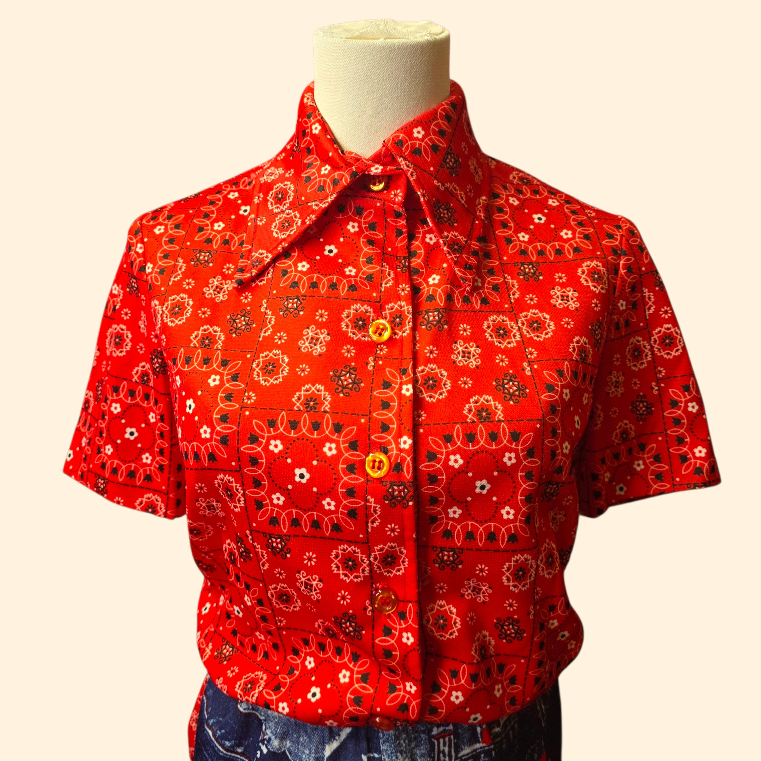 1970s 3 Piece Denim and Bandana Patchwork Print Polyester Pantsuit ~ Medium ~ Red White Blue Flare Pants Set