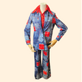 1970s 3 Piece Denim and Bandana Patchwork Print Polyester Pantsuit ~ Medium ~ Red White Blue Flare Pants Set