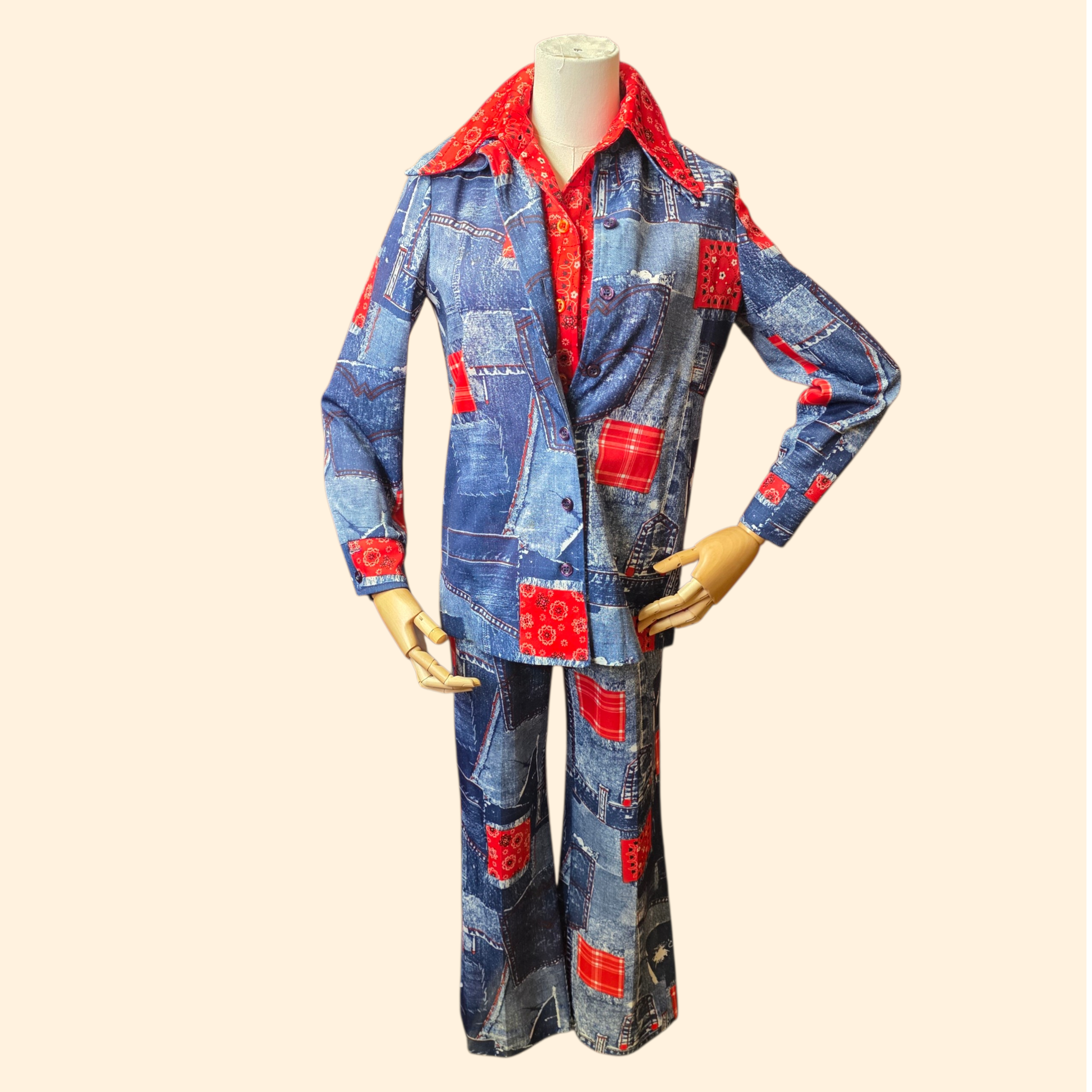 1970s 3 Piece Denim and Bandana Patchwork Print Polyester Pantsuit ~ Medium ~ Red White Blue Flare Pants Set