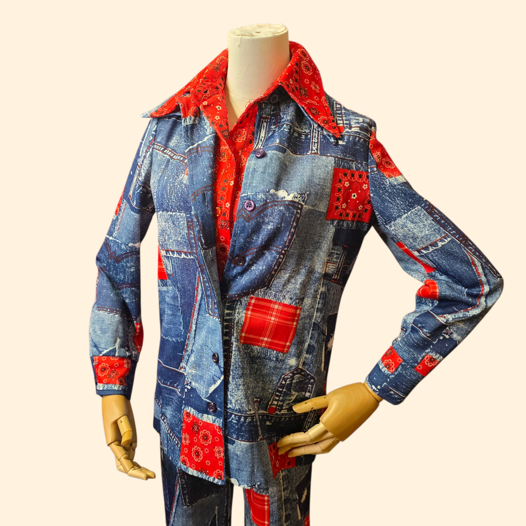 1970s 3 Piece Denim and Bandana Patchwork Print Polyester Pantsuit ~ Medium ~ Red White Blue Flare Pants Set