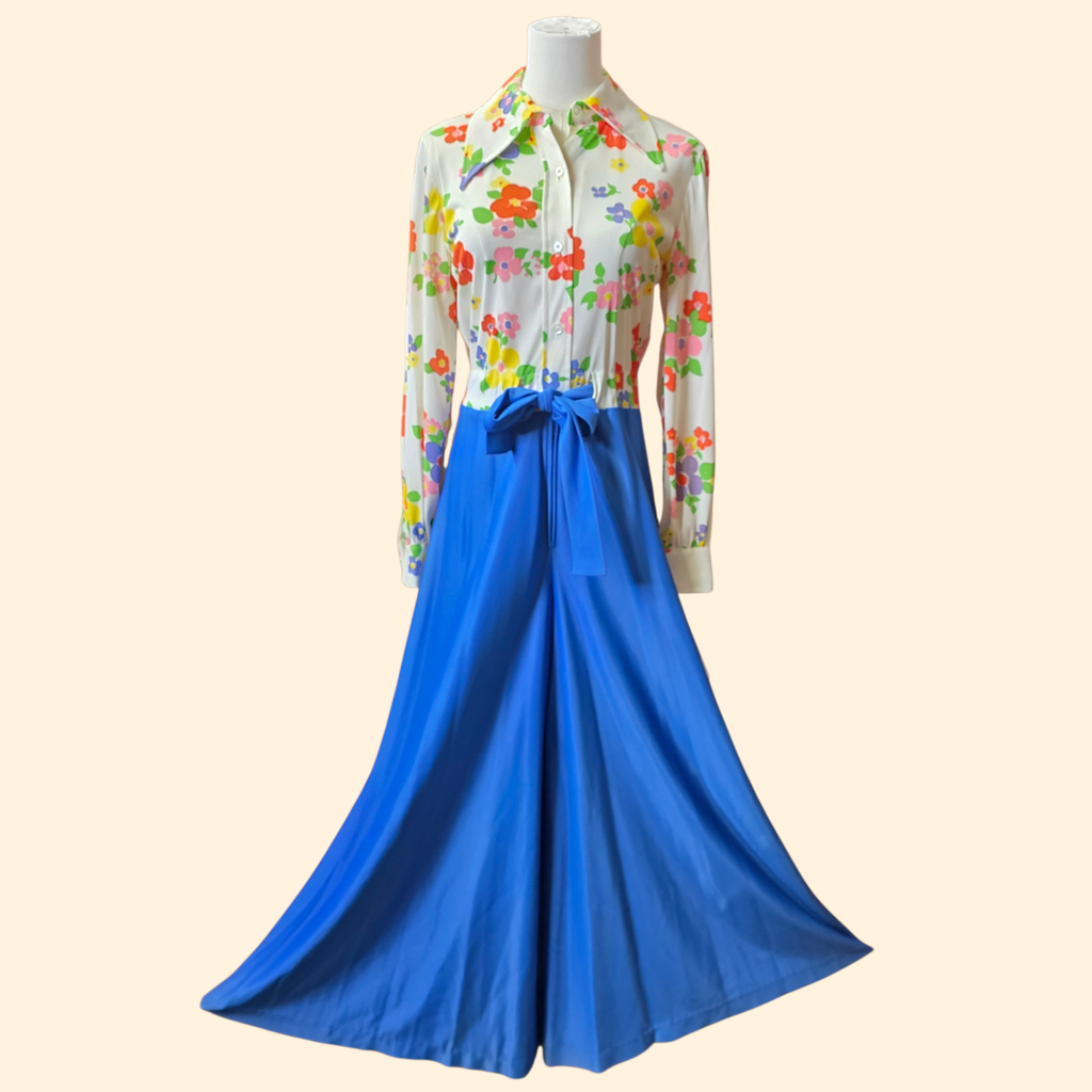 1970s Deadstock Flower Power Ultra Wide Leg Palazzo Jumpsuit ~ Medium ~ Blue Floral