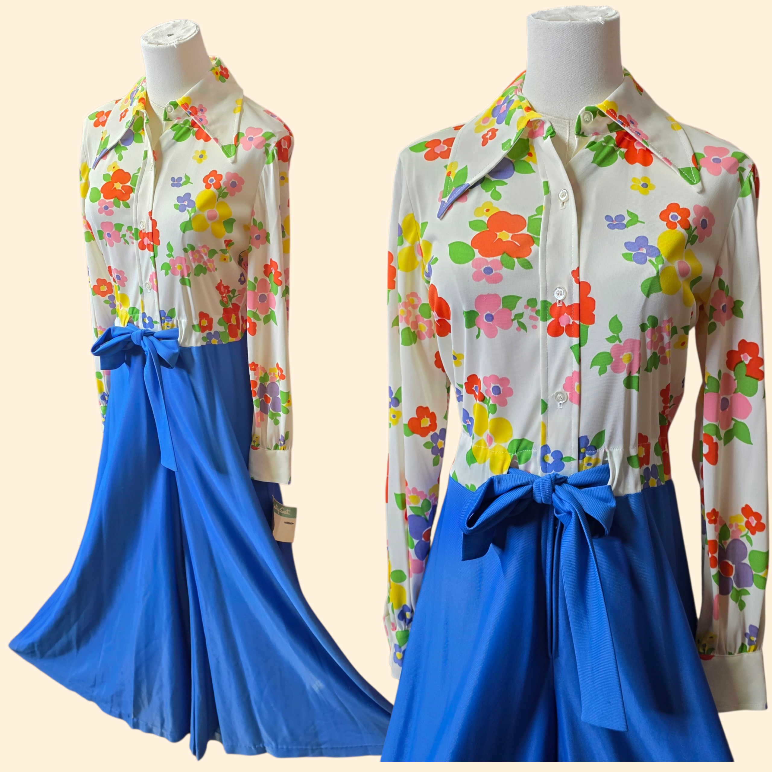 1970s Deadstock Flower Power Ultra Wide Leg Palazzo Jumpsuit ~ Medium ~ Blue Floral