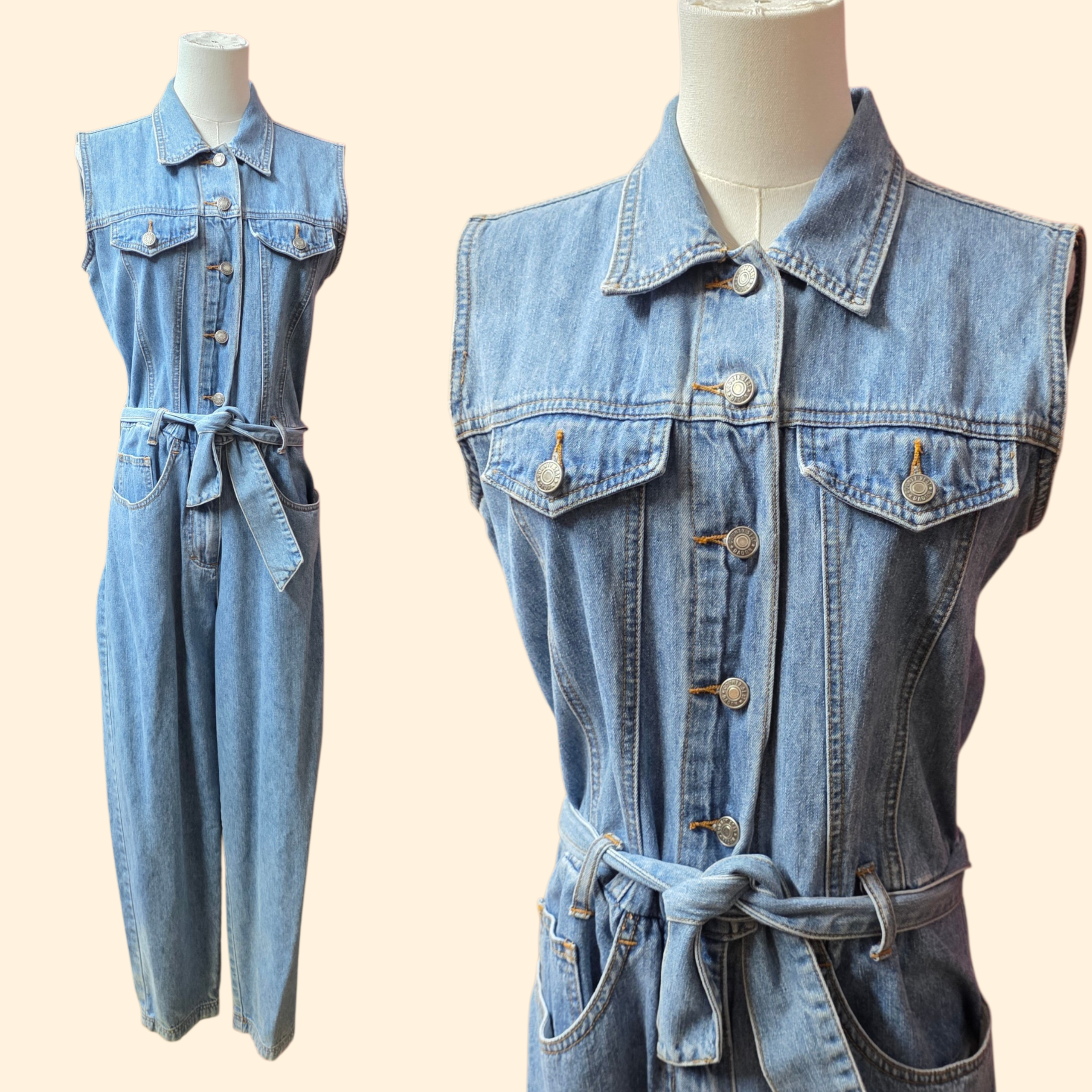 1990s Sleeveless Denim Jumpsuit ~ Medium ~ Light Wash
