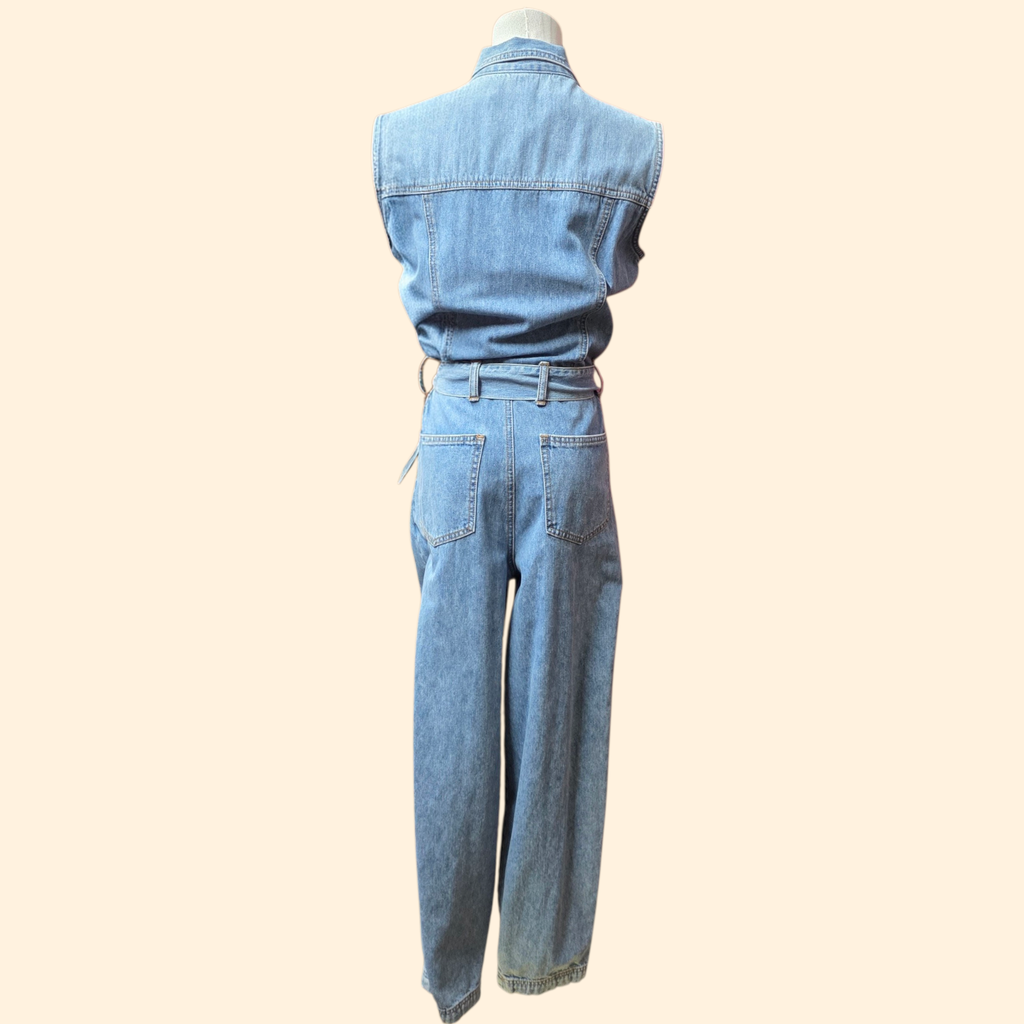1990s Sleeveless Denim Jumpsuit ~ Medium ~ Light Wash