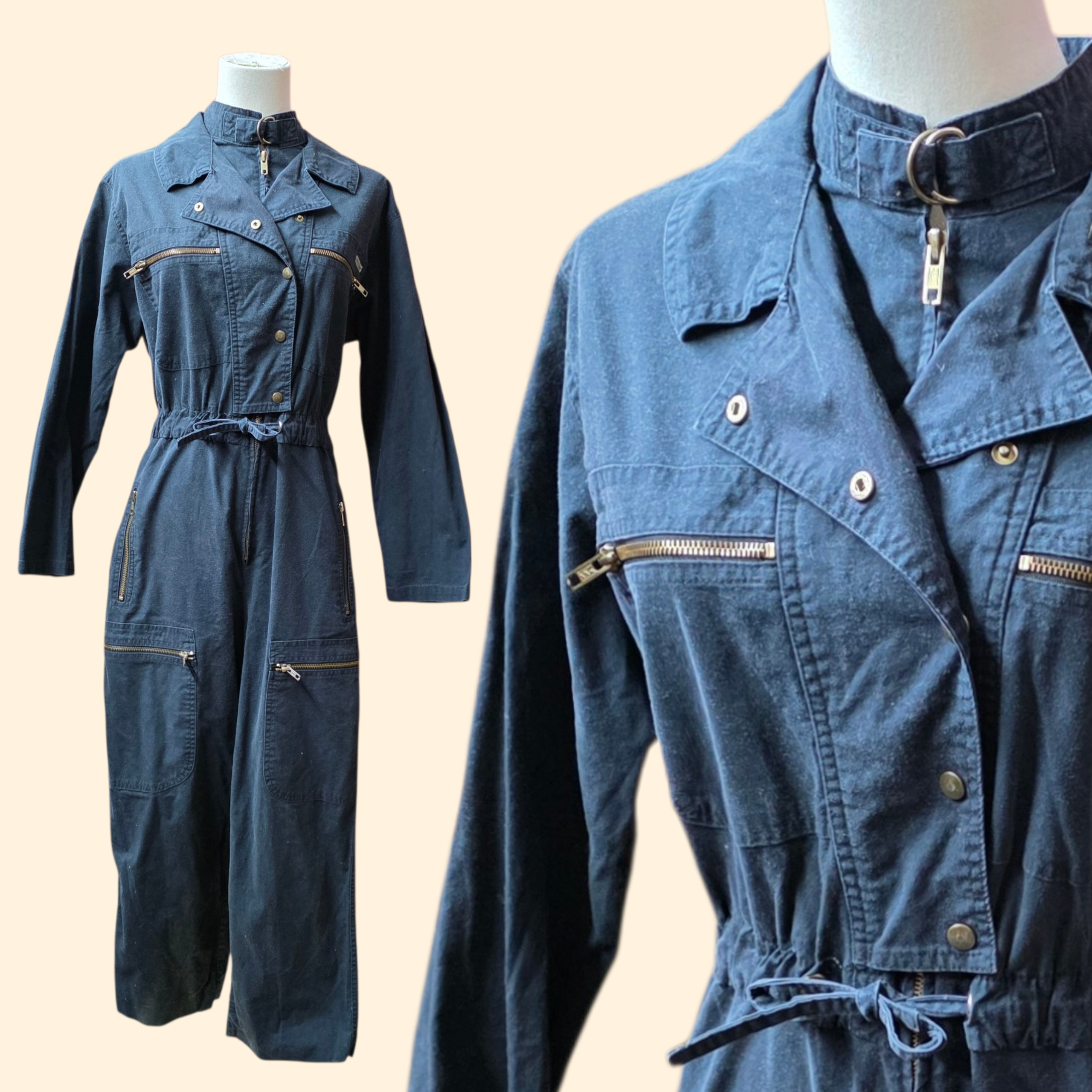 1980s Black Aviator Style Jumpsuit ~ Medium ~ Cotton Zippers