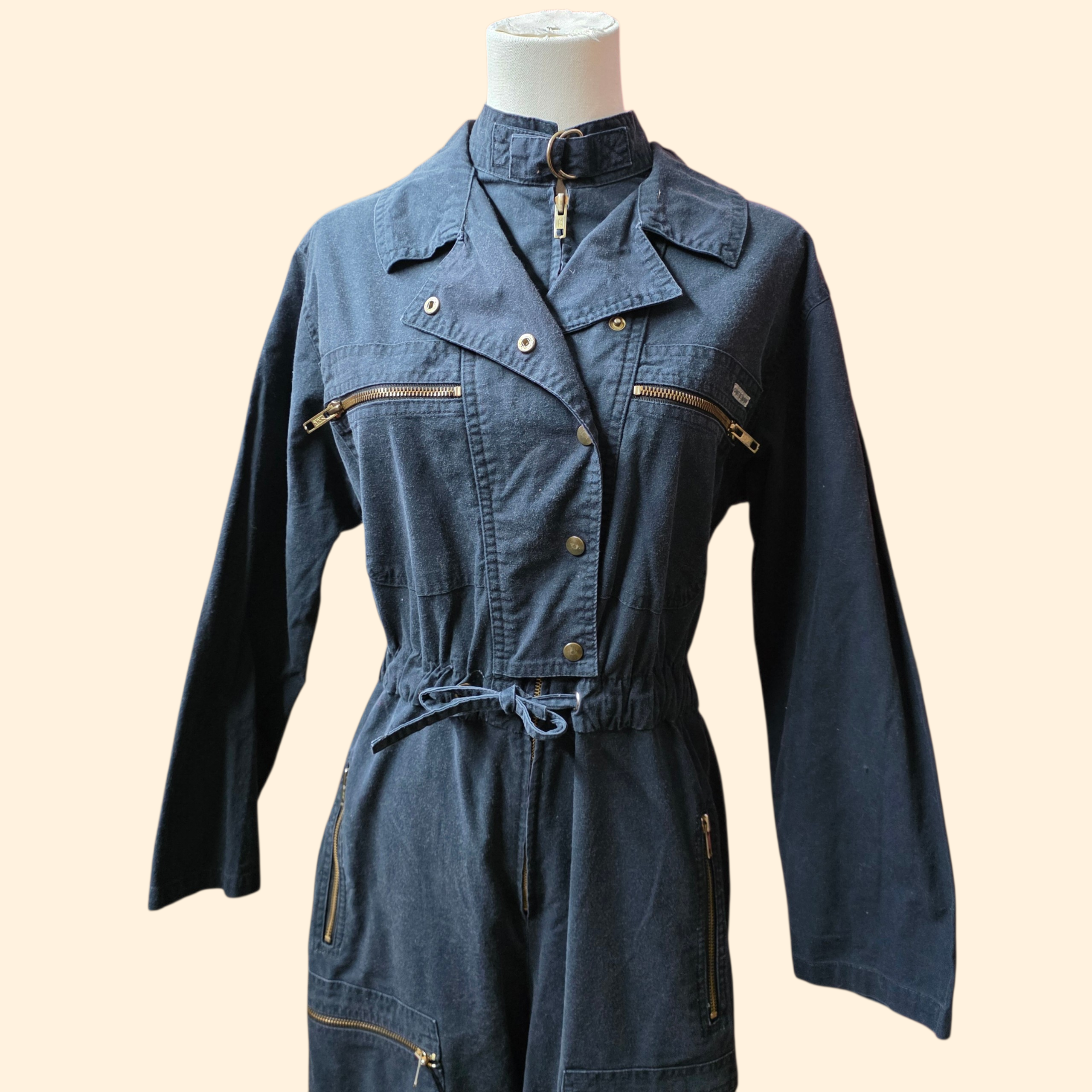 1980s Black Aviator Style Jumpsuit ~ Medium ~ Cotton Zippers