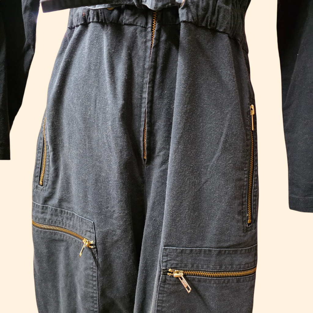 1980s Black Aviator Style Jumpsuit ~ Medium ~ Cotton Zippers