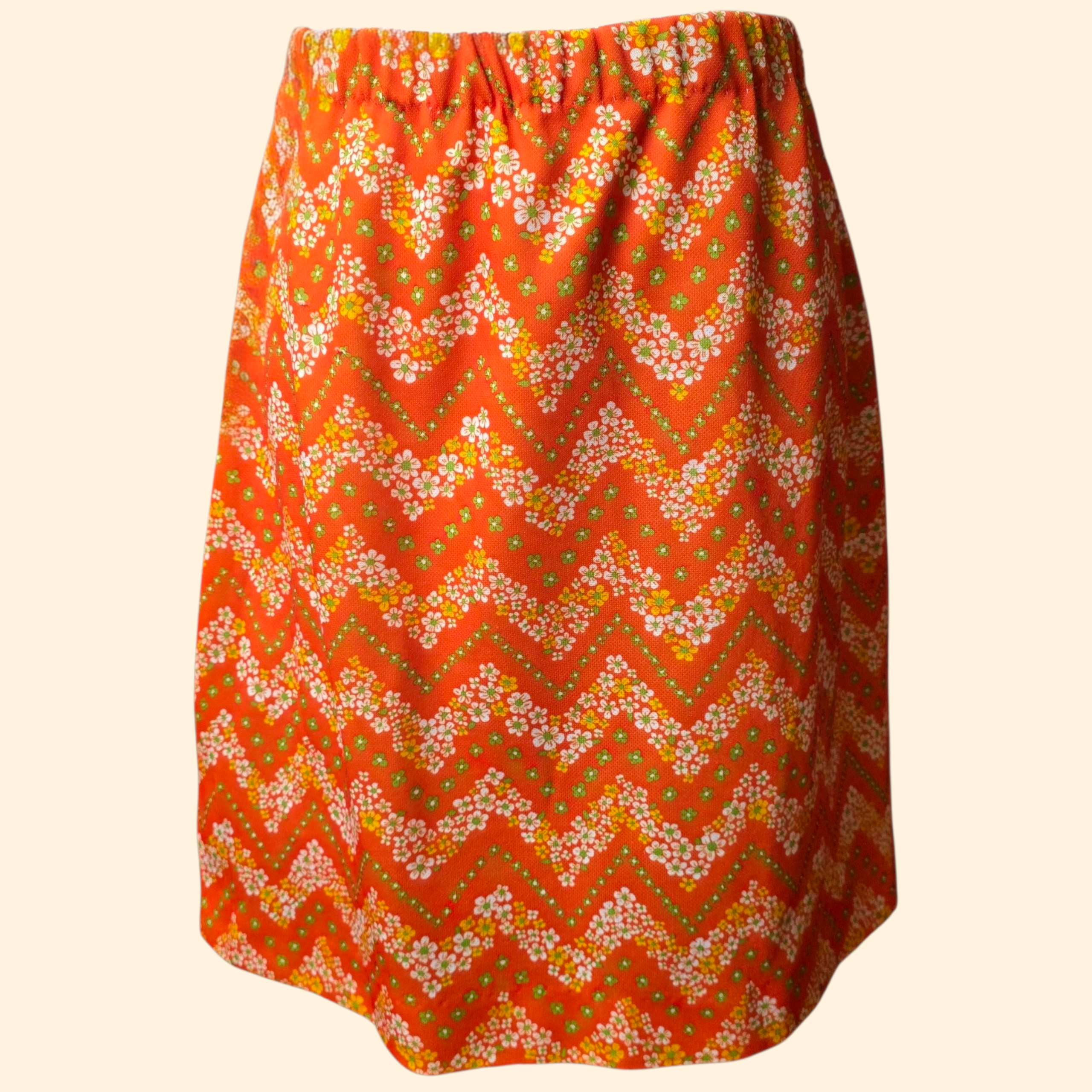 1960s Flower Power Polyester Mini Skirt Set ~ Medium ~ Orange Dagger Collar Floral