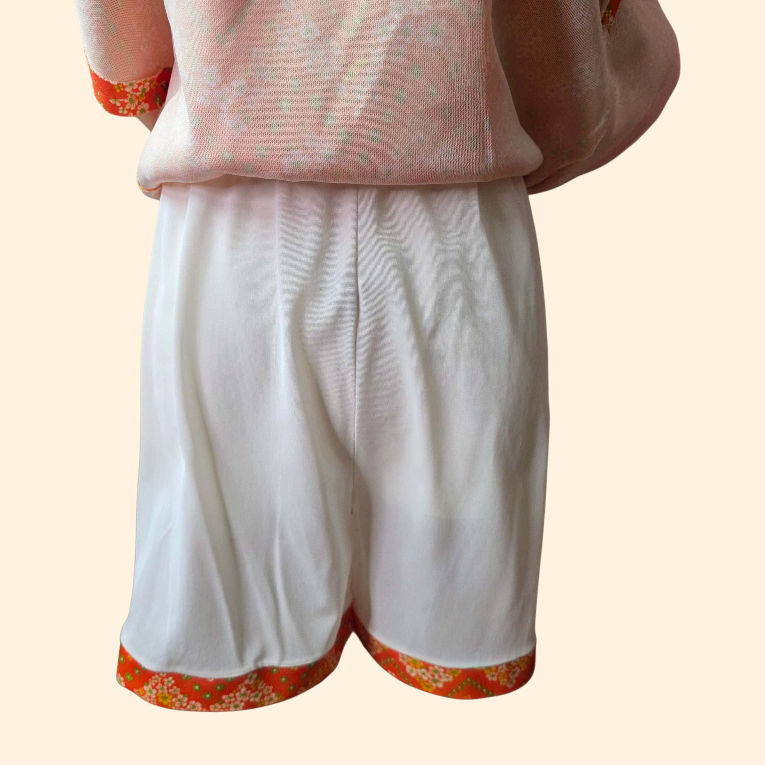 1960s Flower Power Polyester Mini Skirt Set ~ Medium ~ Orange Dagger Collar Floral