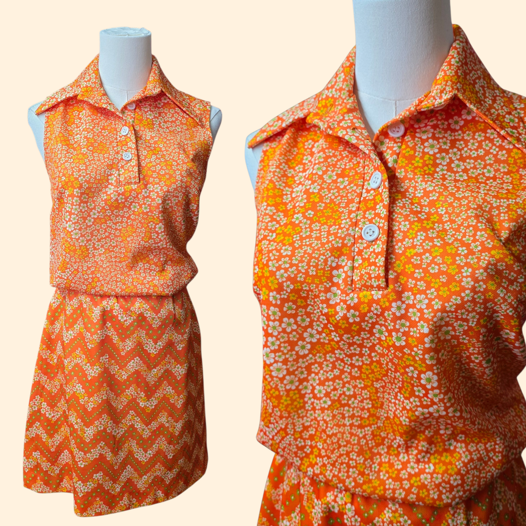 1960s Flower Power Polyester Mini Skirt Set ~ Medium ~ Orange Dagger Collar Floral