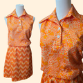 1960s Flower Power Polyester Mini Skirt Set ~ Medium ~ Orange Dagger Collar Floral