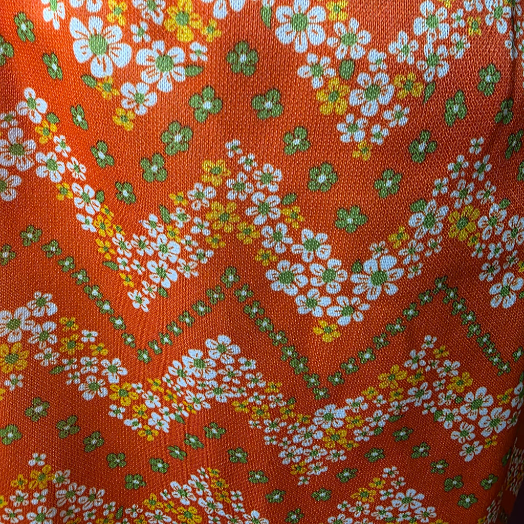 1960s Flower Power Polyester Mini Skirt Set ~ Medium ~ Orange Dagger Collar Floral