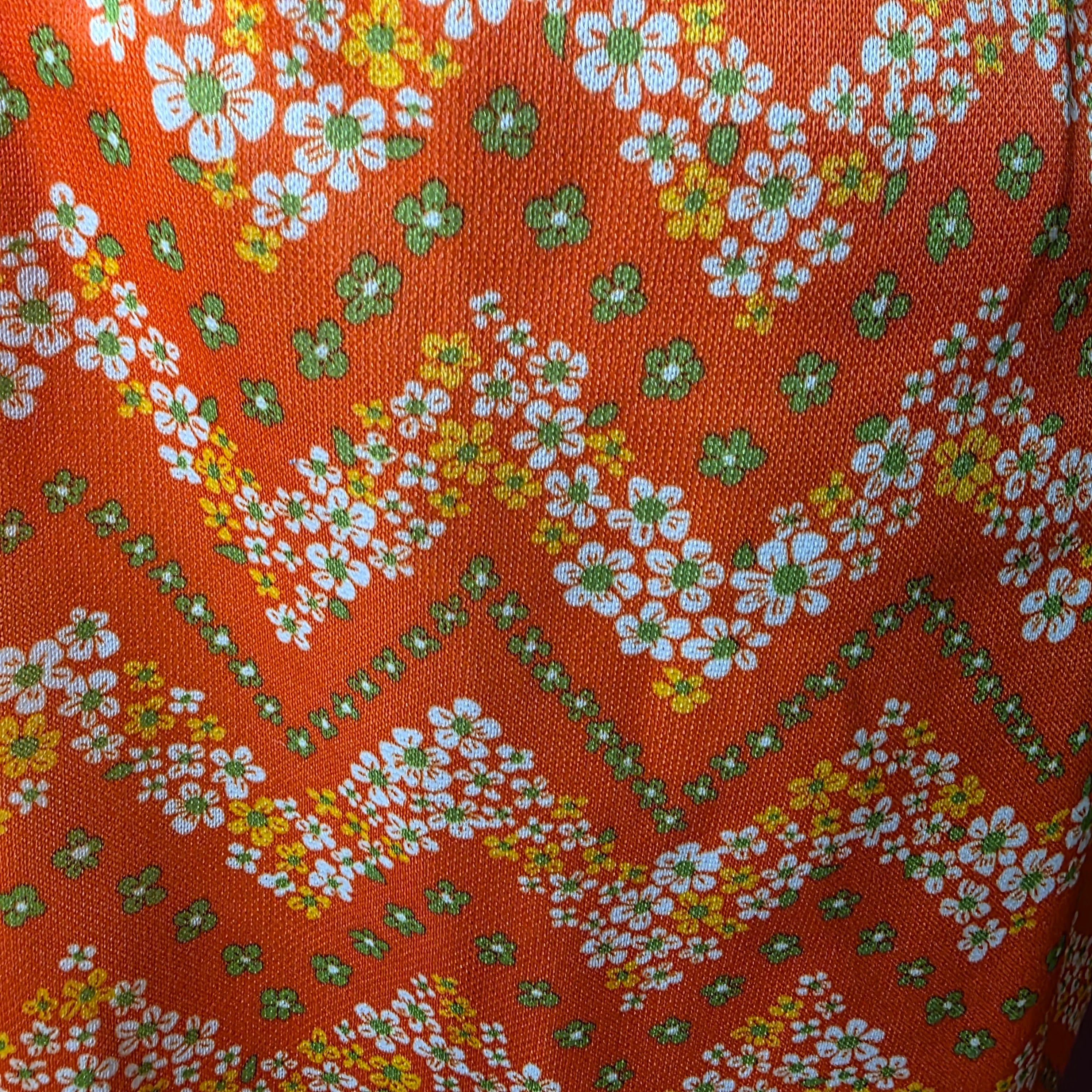 1960s Flower Power Polyester Mini Skirt Set ~ Medium ~ Orange Dagger Collar Floral