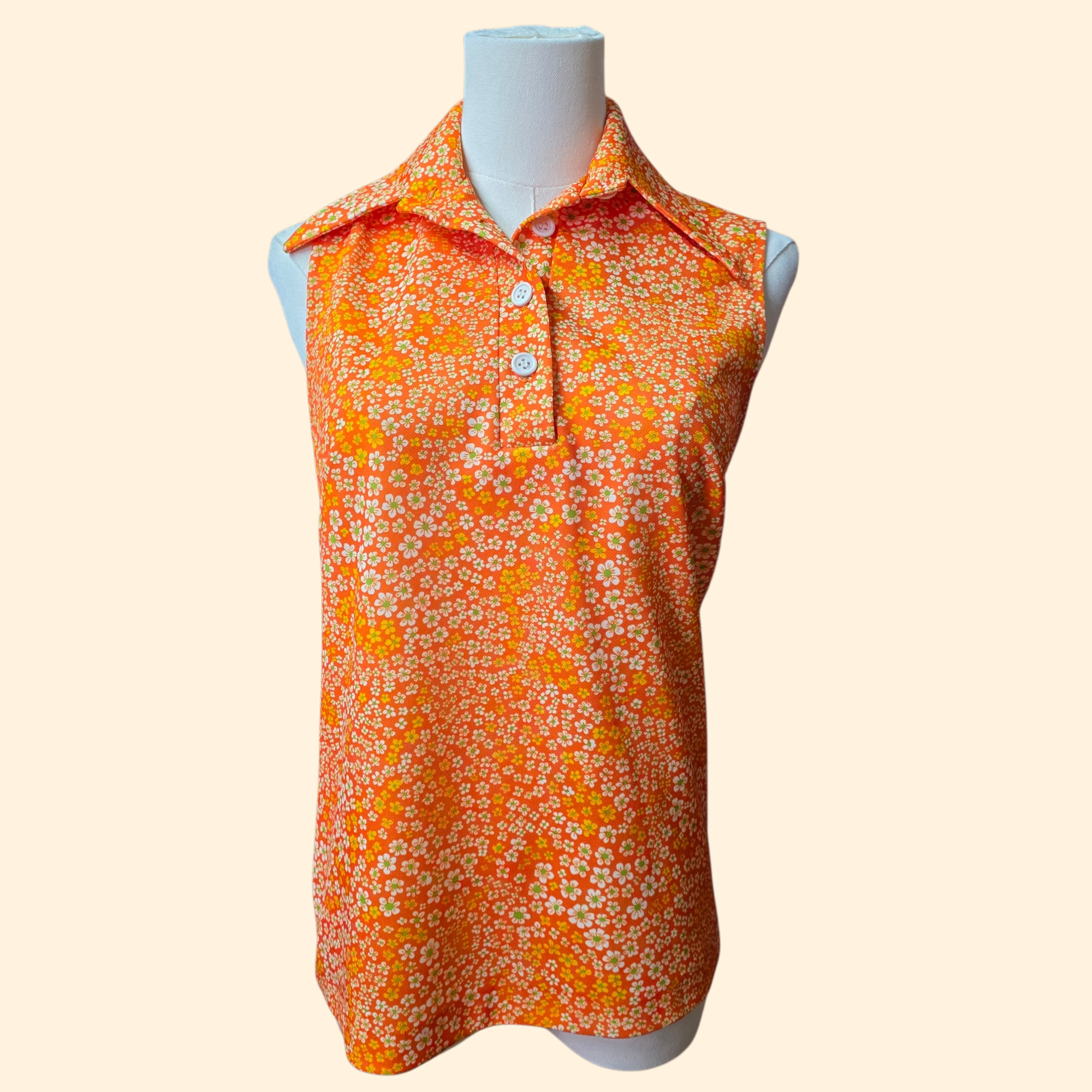 1960s Flower Power Polyester Mini Skirt Set ~ Medium ~ Orange Dagger Collar Floral