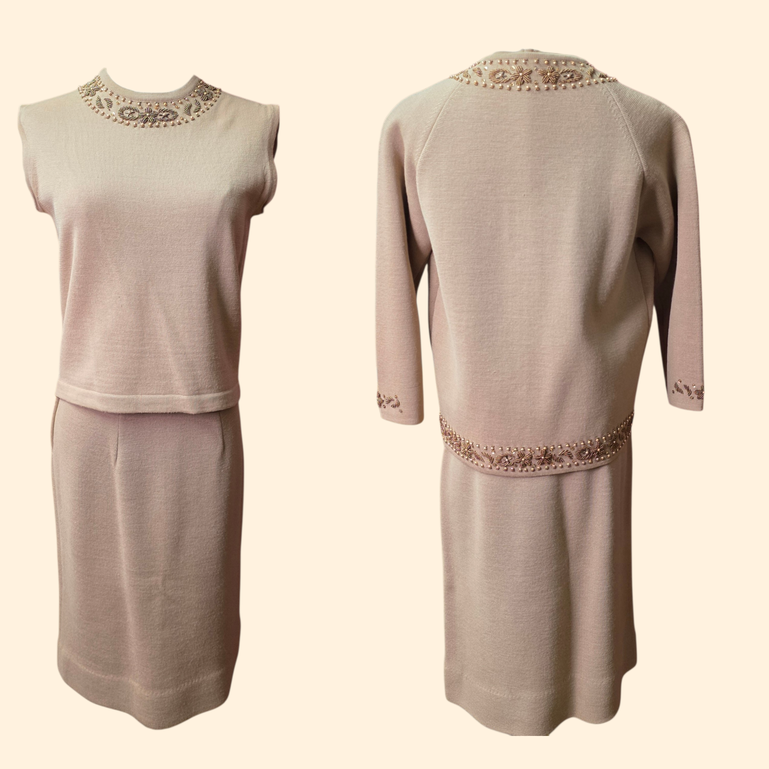 1950s 3 Piece Beaded Wool Skirt and Sweater Set ~ Medium ~ Brown Butterfly Cardigan