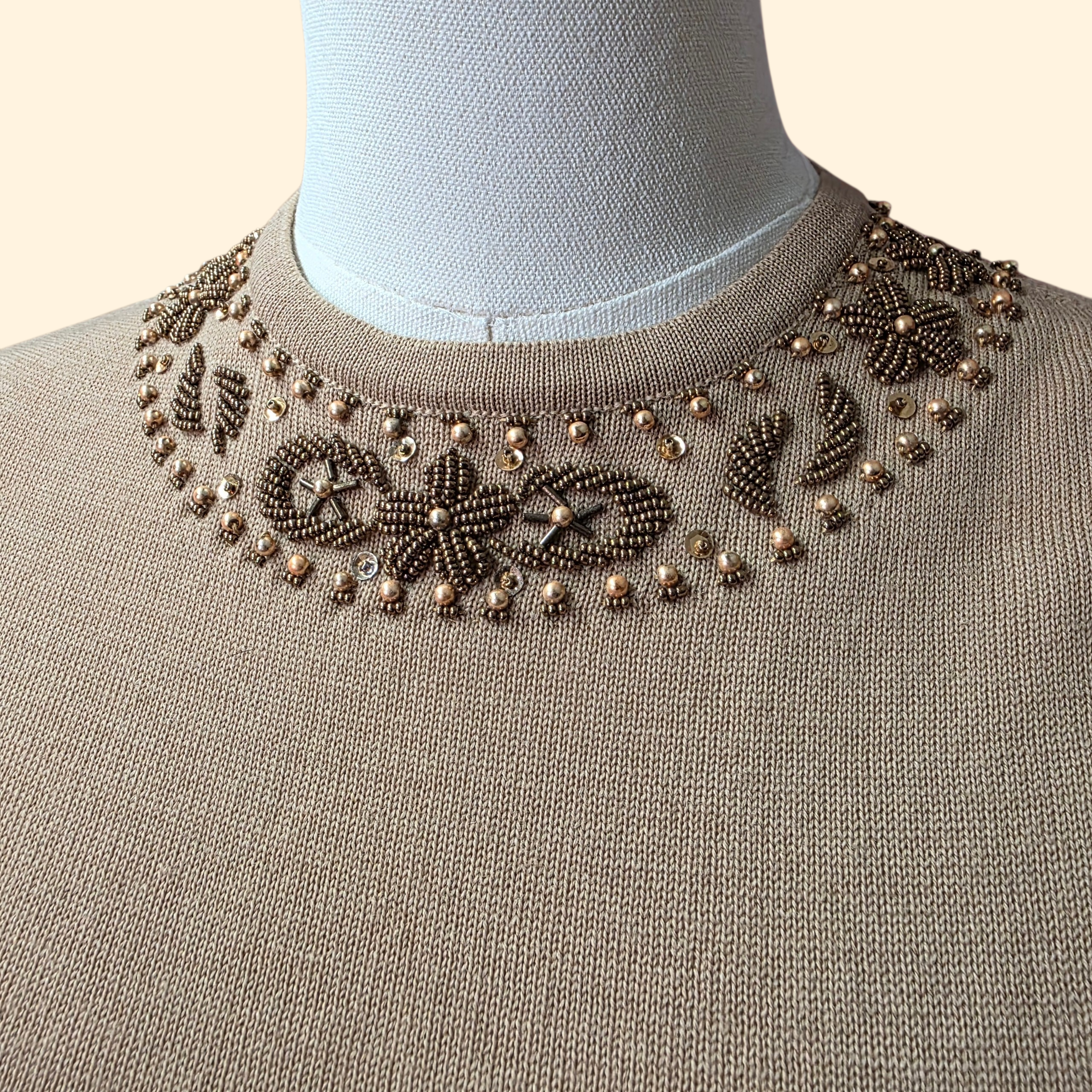 1950s 3 Piece Beaded Wool Skirt and Sweater Set ~ Medium ~ Brown Butterfly Cardigan