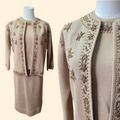 1950s 3 Piece Beaded Wool Skirt and Sweater Set ~ Medium ~ Brown Butterfly Cardigan