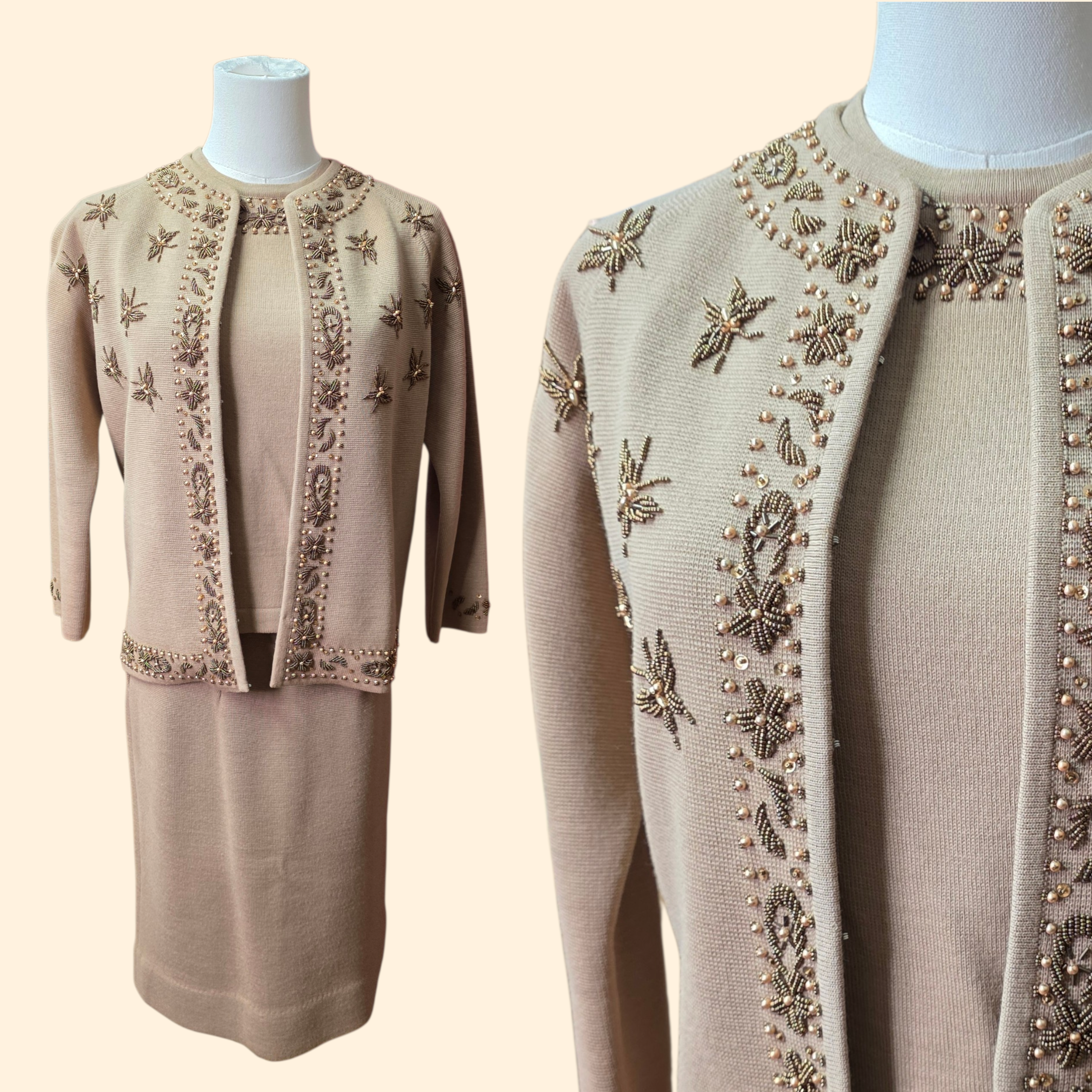 1950s 3 Piece Beaded Wool Skirt and Sweater Set ~ Medium ~ Brown Butterfly Cardigan