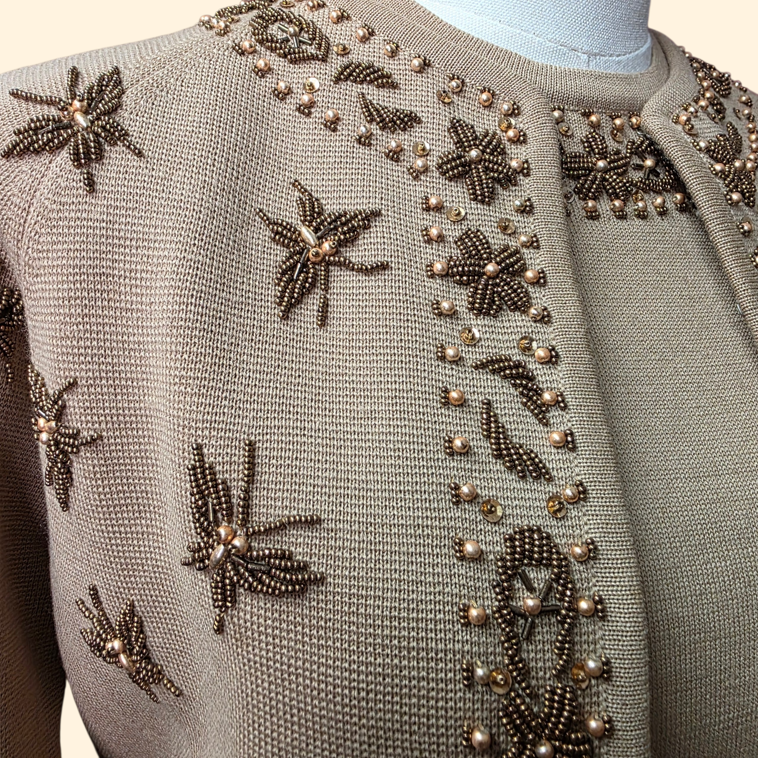 1950s 3 Piece Beaded Wool Skirt and Sweater Set ~ Medium ~ Brown Butterfly Cardigan