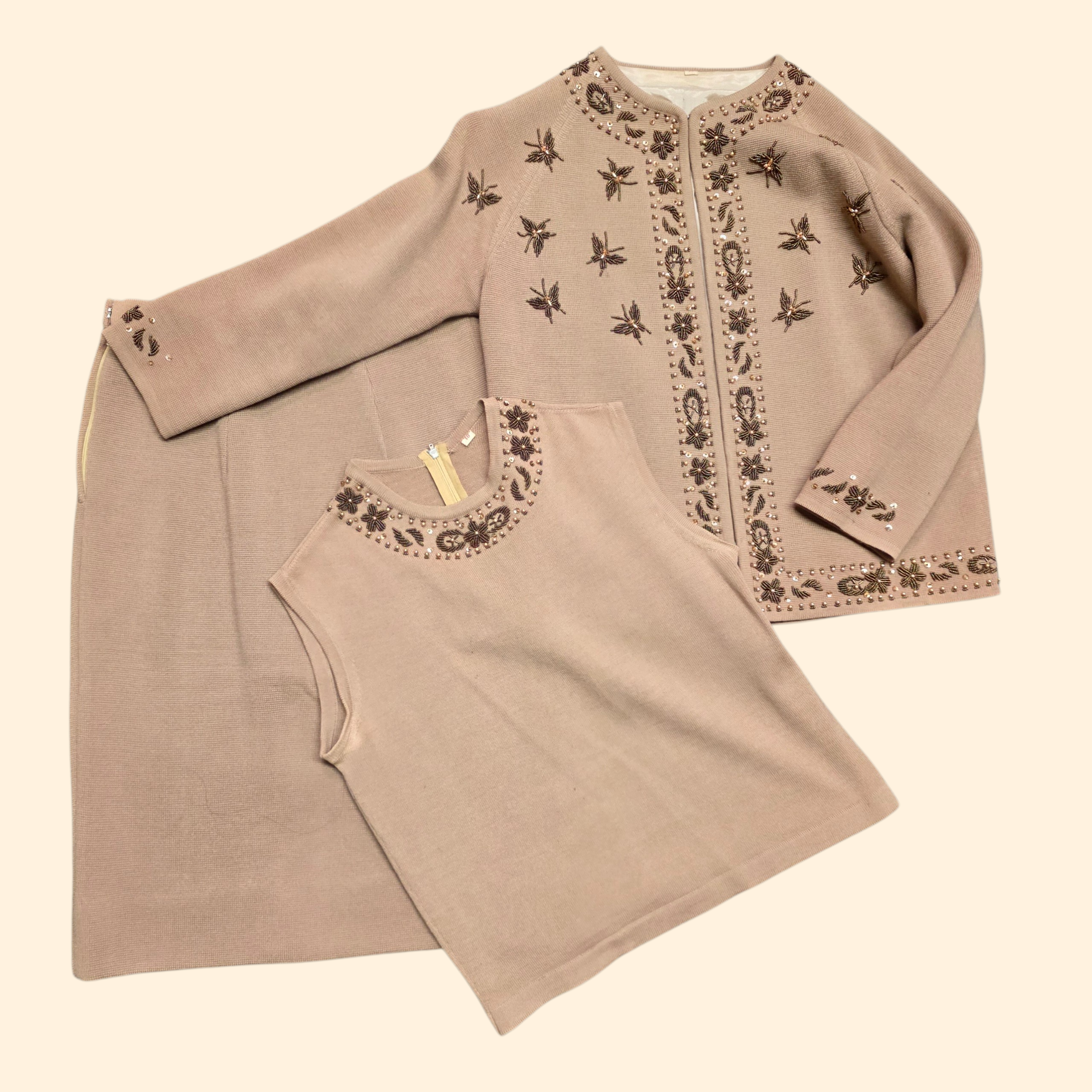 1950s 3 Piece Beaded Wool Skirt and Sweater Set ~ Medium ~ Brown Butterfly Cardigan