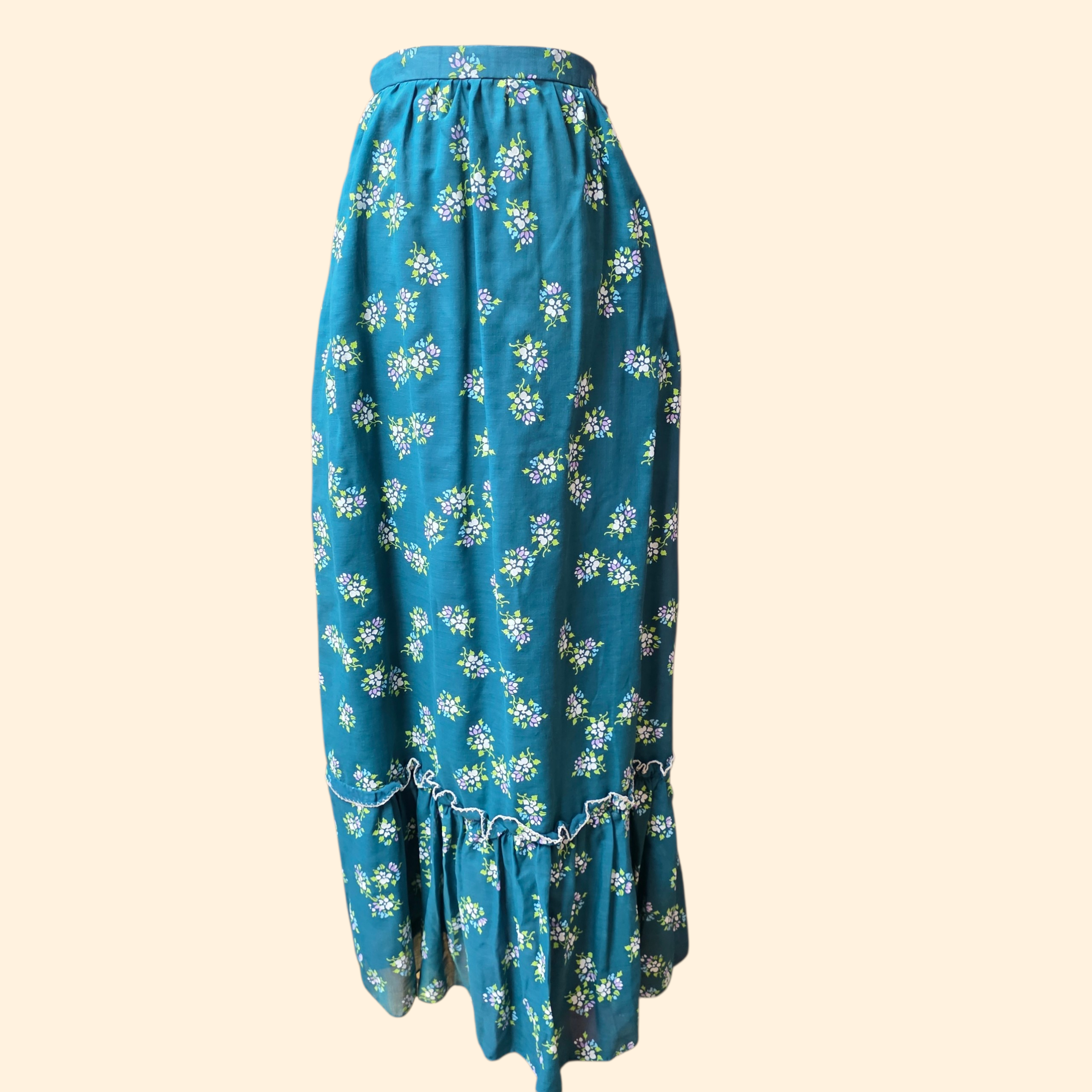 1970s Miss K for Alfred Shaheen Floral Maxi Skirt Set ~ Small ~ Balloon Sleeve Teal Ruffle Peasant Screen Print