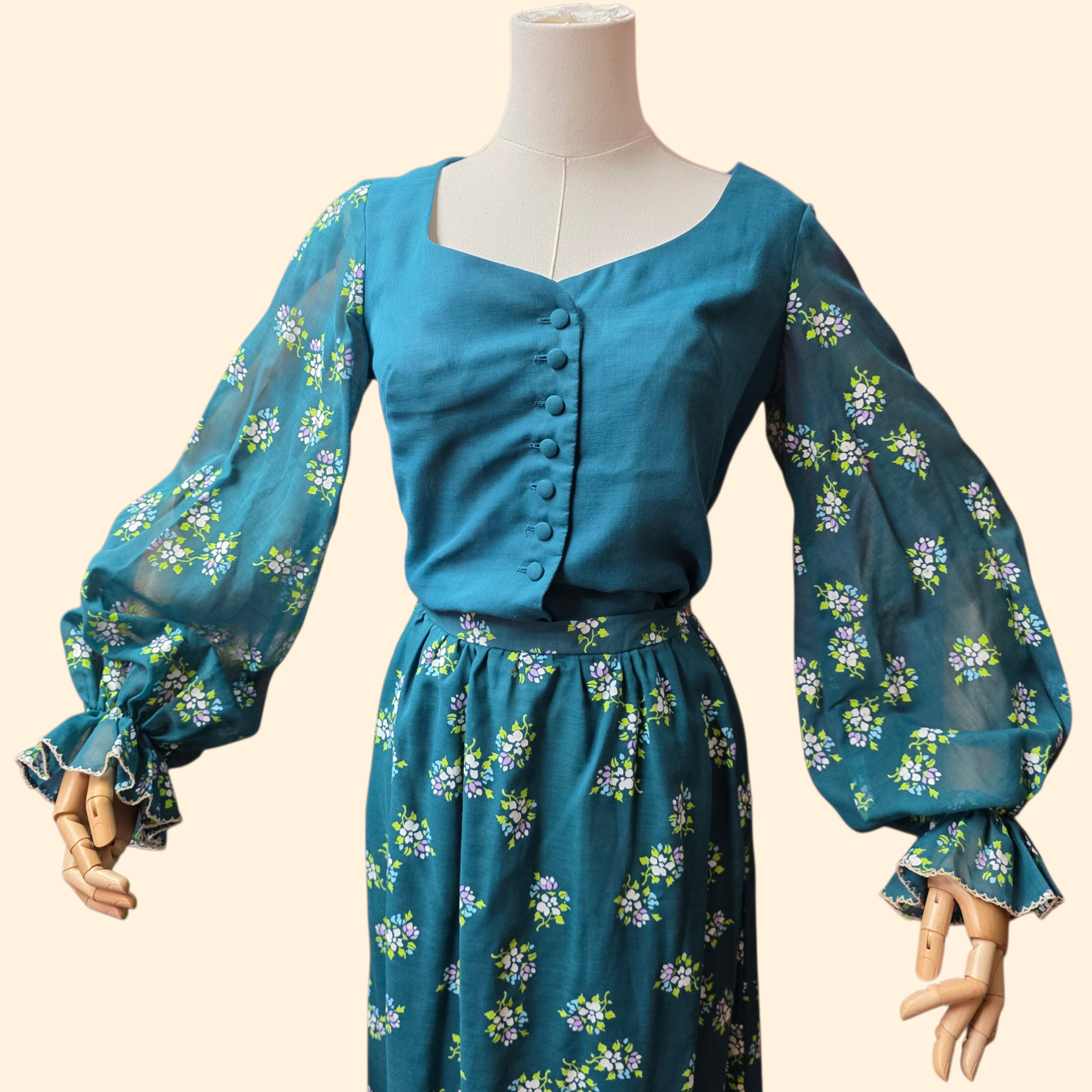 1970s Miss K for Alfred Shaheen Floral Maxi Skirt Set ~ Small ~ Balloon Sleeve Teal Ruffle Peasant Screen Print
