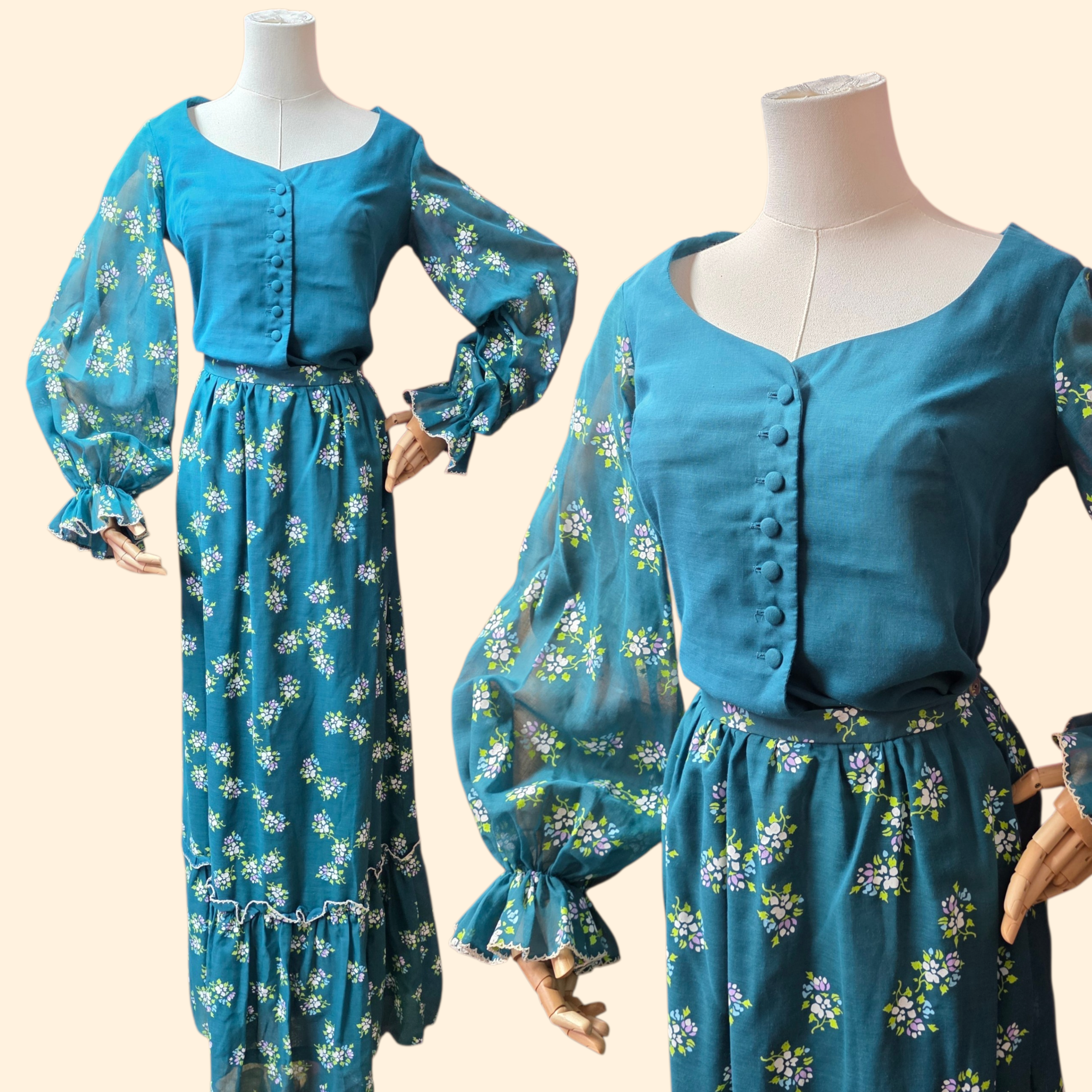 1970s Miss K for Alfred Shaheen Floral Maxi Skirt Set ~ Small ~ Balloon Sleeve Teal Ruffle Peasant Screen Print