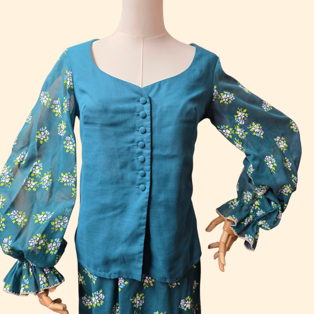 1970s Miss K for Alfred Shaheen Floral Maxi Skirt Set ~ Small ~ Balloon Sleeve Teal Ruffle Peasant Screen Print