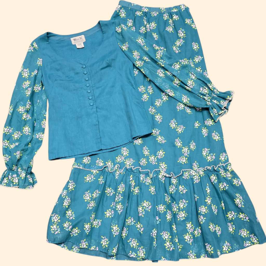 1970s Miss K for Alfred Shaheen Floral Maxi Skirt Set ~ Small ~ Balloon Sleeve Teal Ruffle Peasant Screen Print