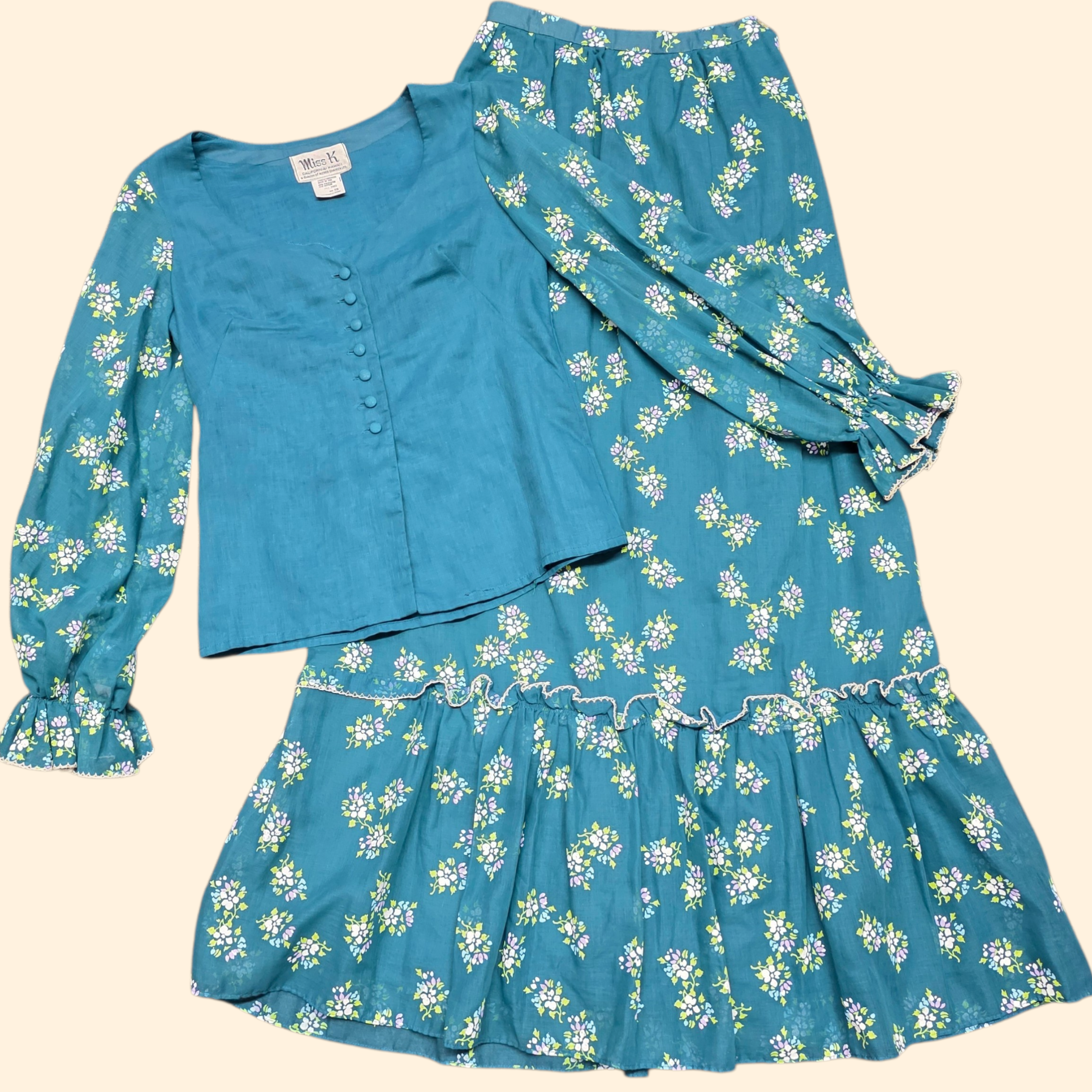 1970s Miss K for Alfred Shaheen Floral Maxi Skirt Set ~ Small ~ Balloon Sleeve Teal Ruffle Peasant Screen Print