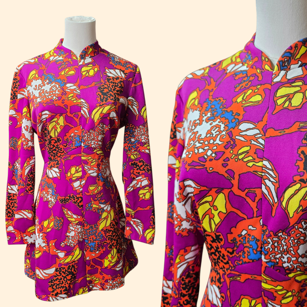 1960s Abstract Print Polyester Mini Dress ~ Medium ~ Pink Orange Yellow