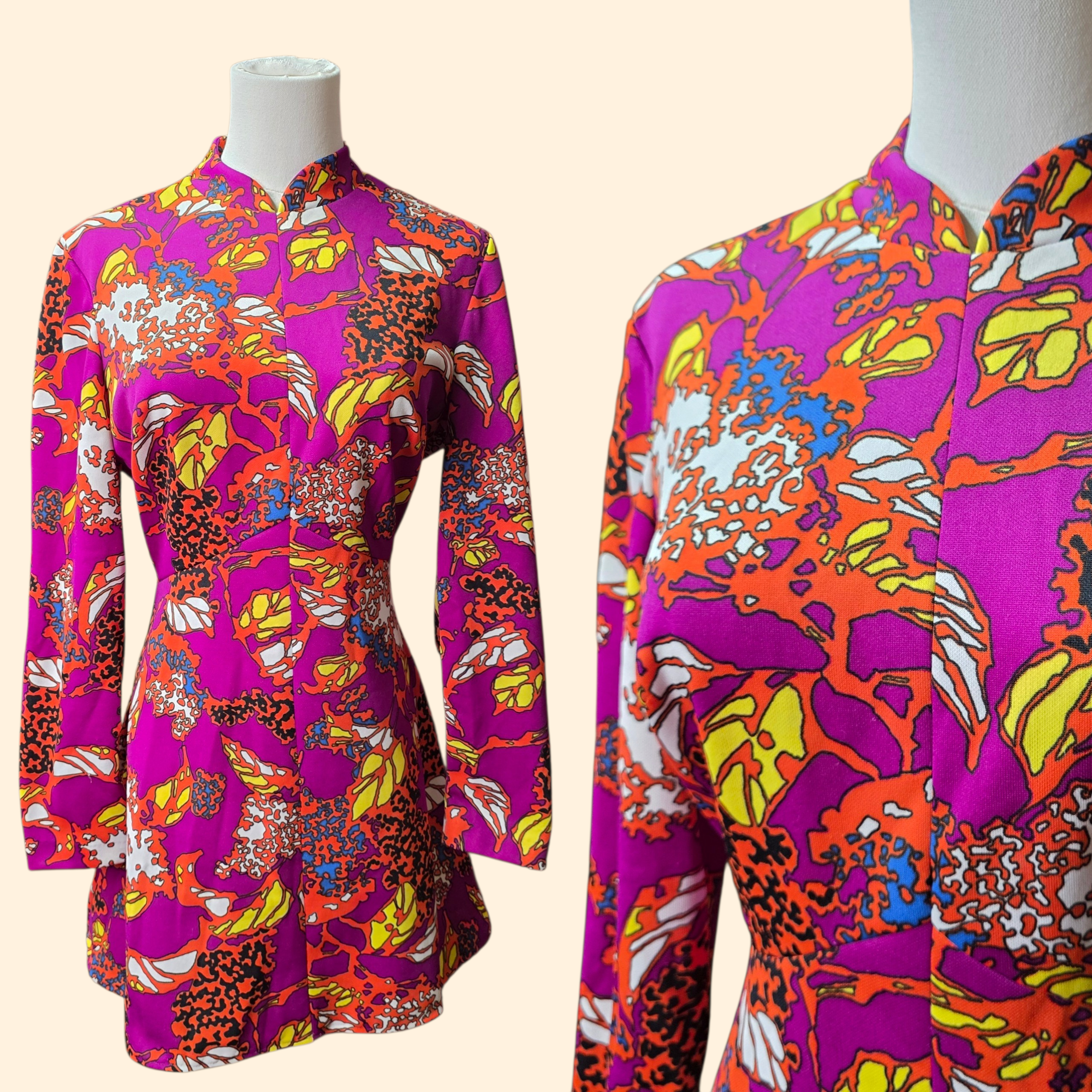 1960s Abstract Print Polyester Mini Dress ~ Medium ~ Pink Orange Yellow