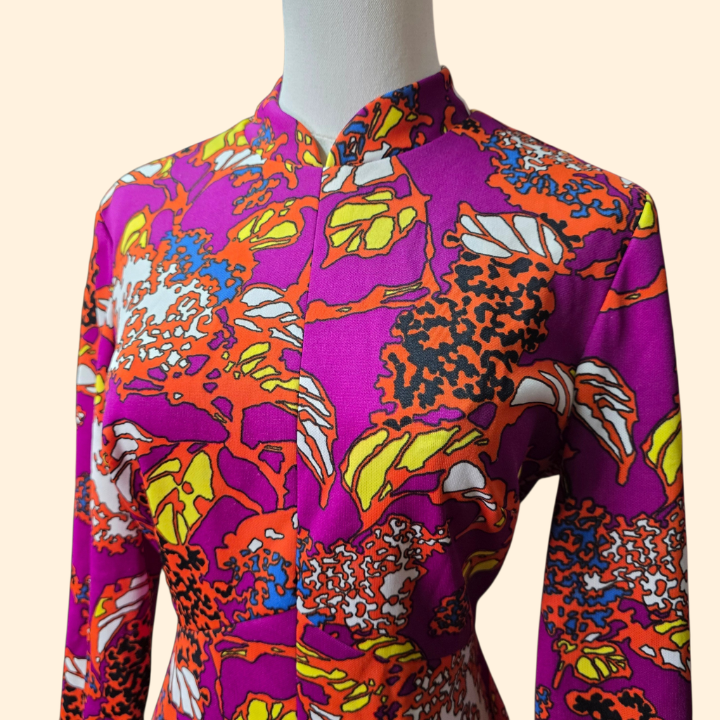 1960s Abstract Print Polyester Mini Dress ~ Medium ~ Pink Orange Yellow