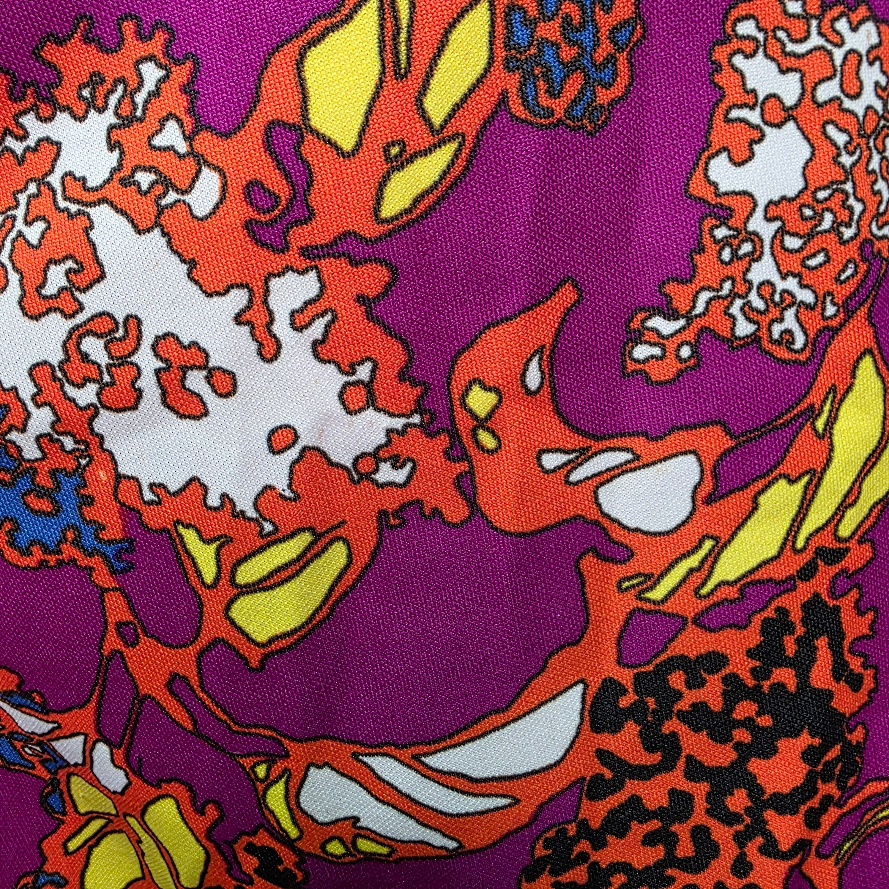 1960s Abstract Print Polyester Mini Dress ~ Medium ~ Pink Orange Yellow