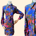 1960s Bold Abstract Print Polyester Midi Shift Dress ~ Medium ~ Navy Blue Pink Purple Green
