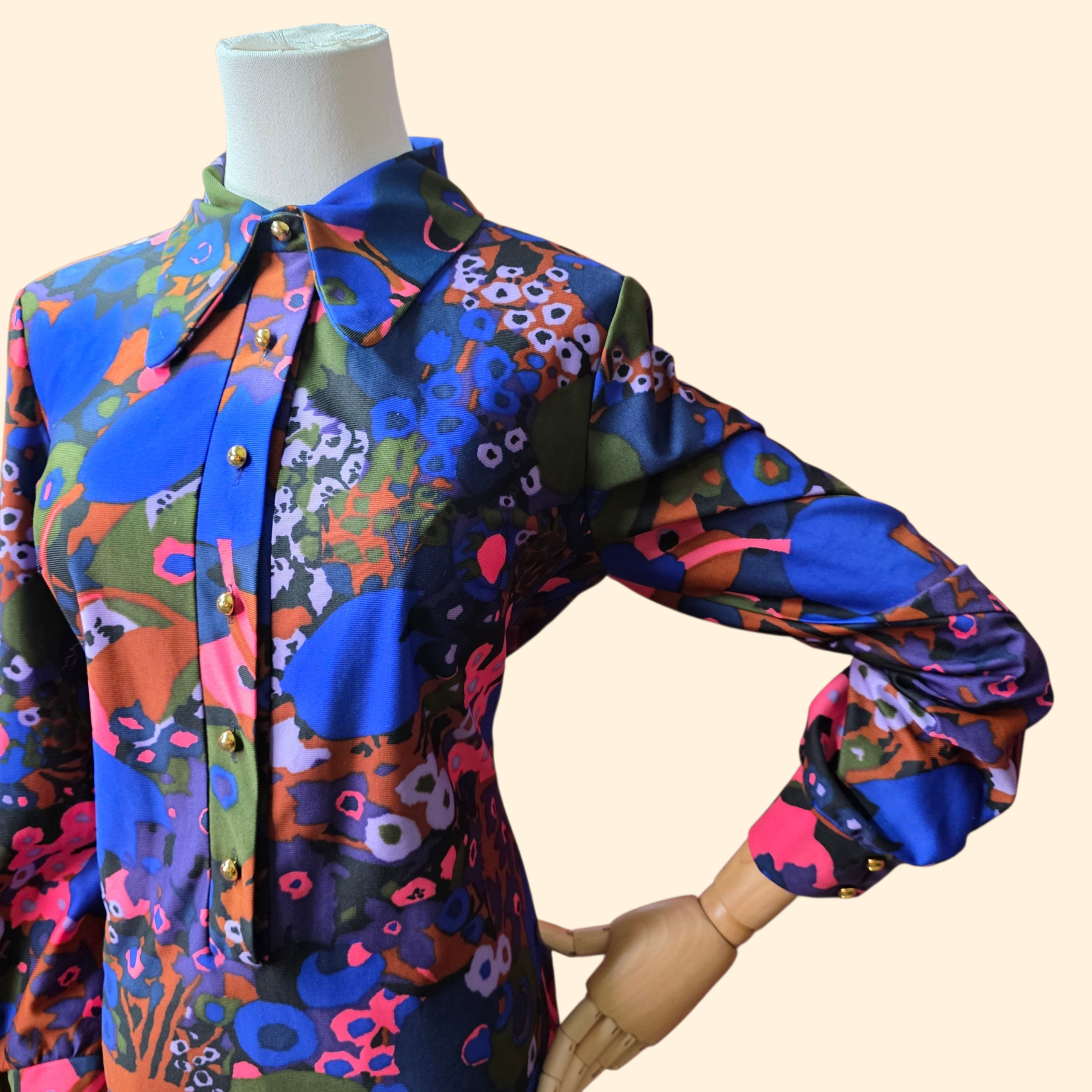 1960s Bold Abstract Print Polyester Midi Shift Dress ~ Medium ~ Navy Blue Pink Purple Green