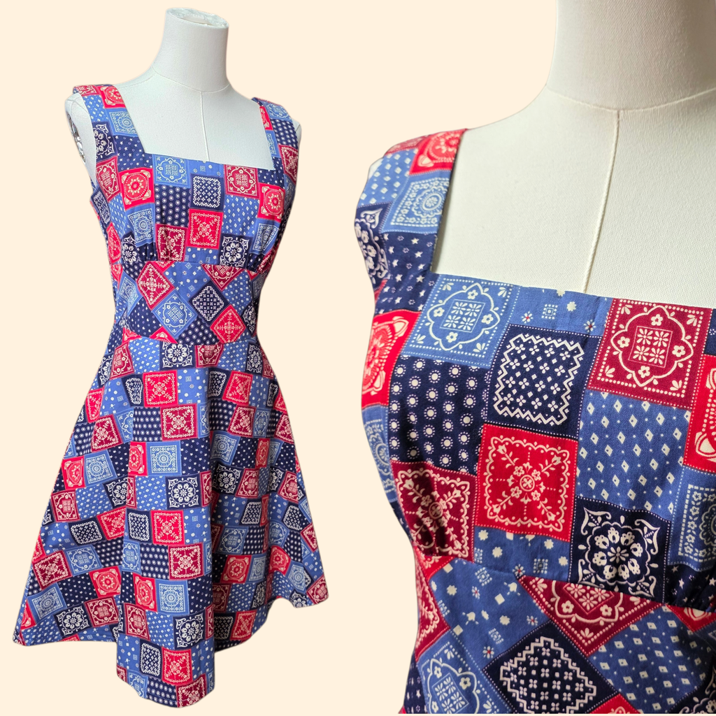 1960s  Bandana Patchwork Print Fit and Flare Sun Dress ~ Small